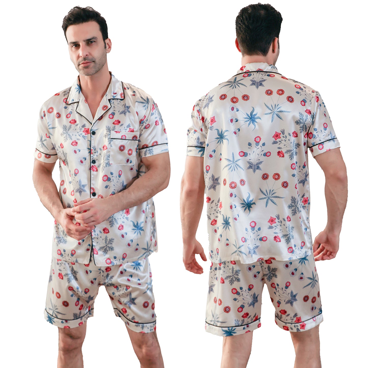 Men's  Silk Pajama Set Short Top & short Pants  Loungewear-KJ4051-M