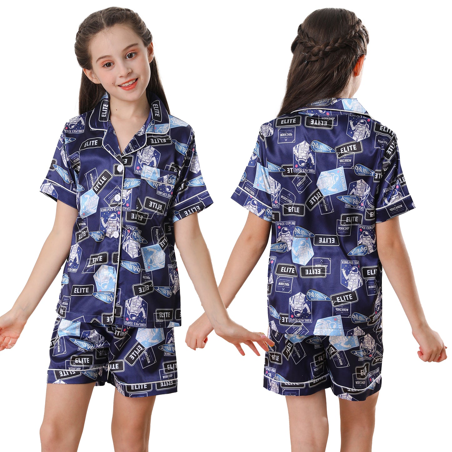 Girl's  Satin Pajama Set Short Top Classic Sleepwear with Short pants-KJ424T-130