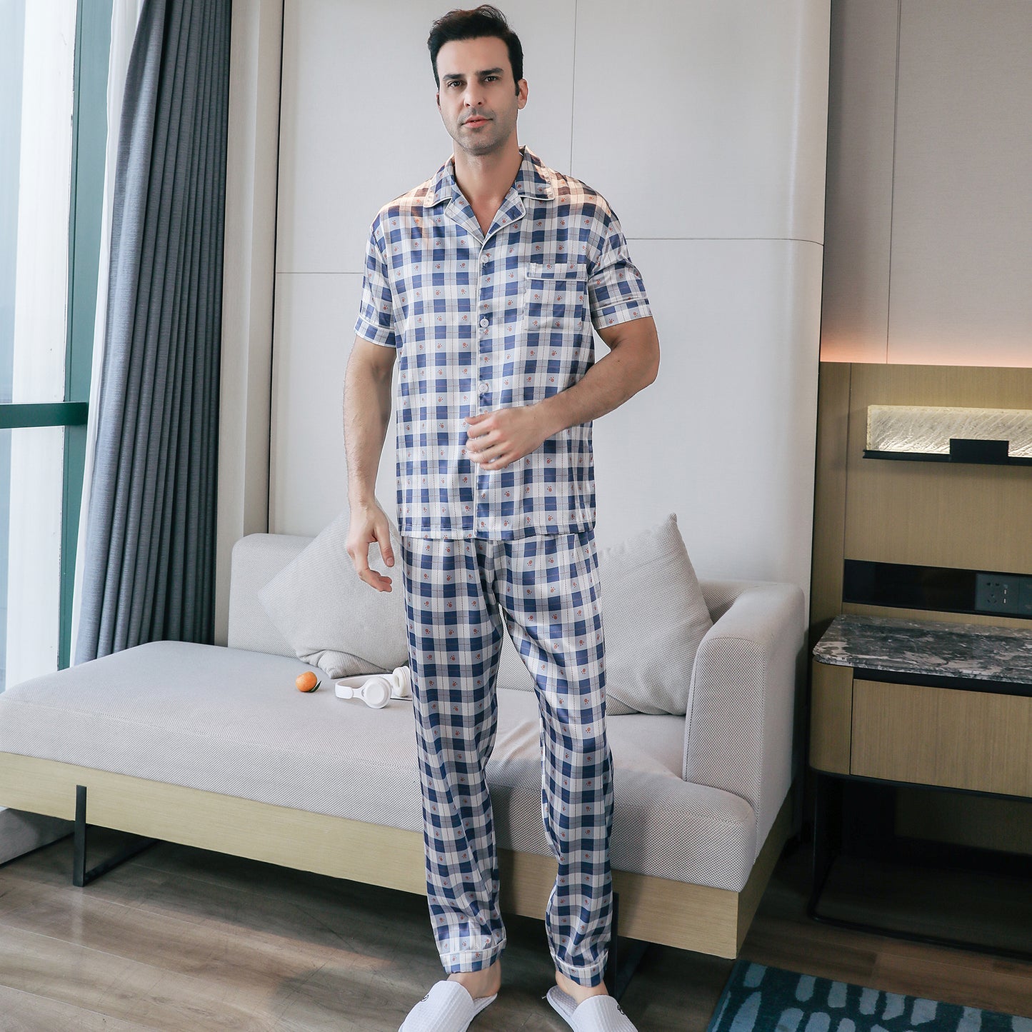 Mens Silky Pajamas Set Short Sleeve Top and Long pants Nightwear-KJ5007-M