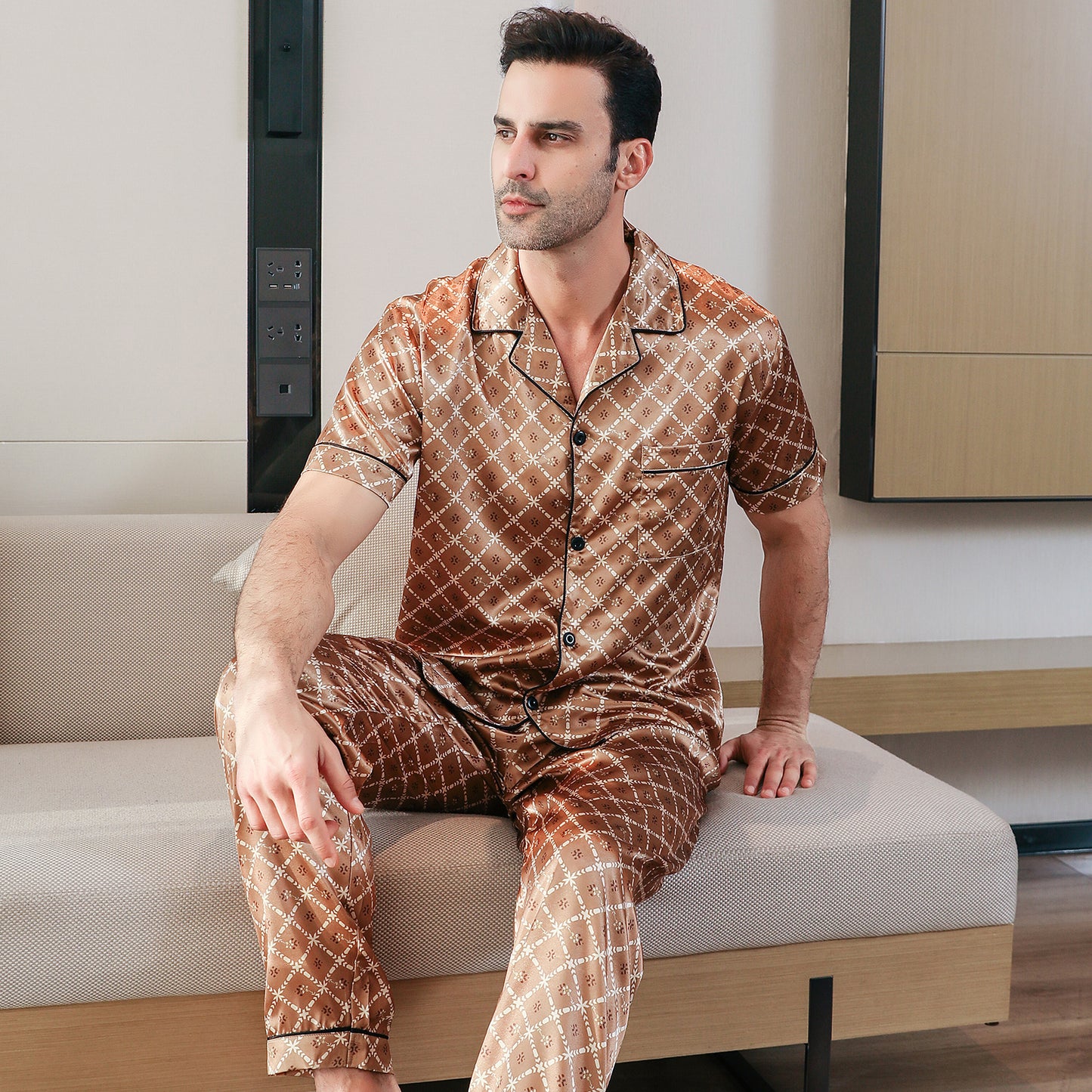 Men's Classic Silk Pajama Set Short Top & Long Pants Button Loungewear-KJ5046-M