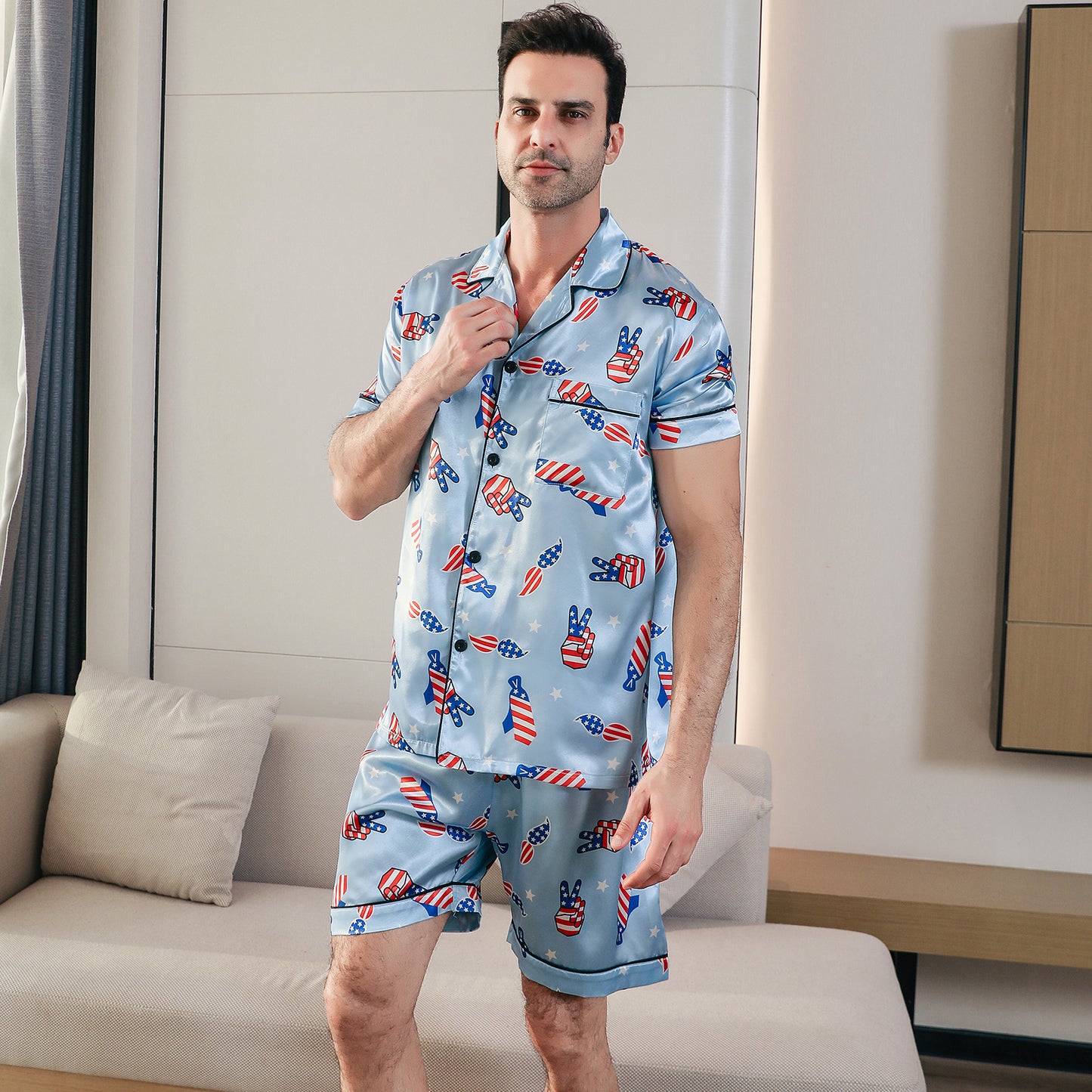 Men's  Silk Pajama Set Short Top & short Pants  Loungewear-KJ4048-M