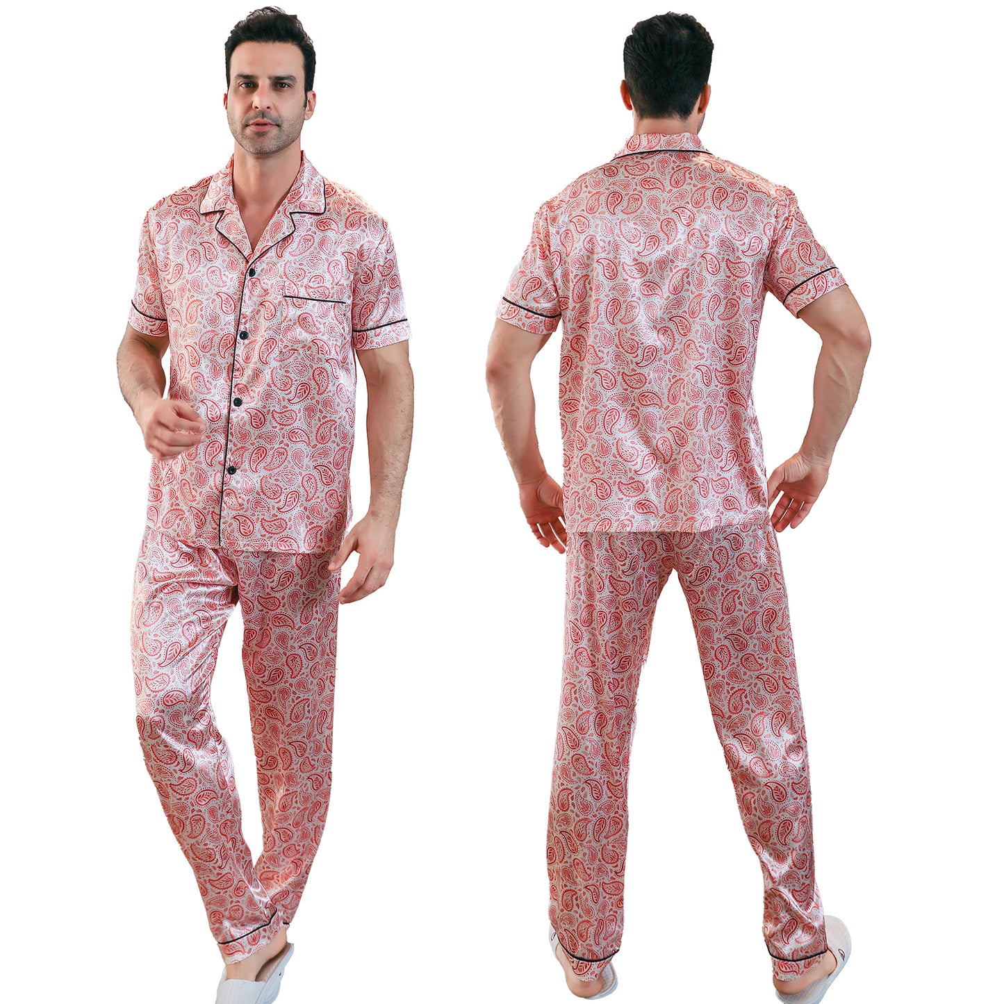 Men's Classic Silk Pajama Set Short Top & Long Pants Button Loungewear-KJ5053-M