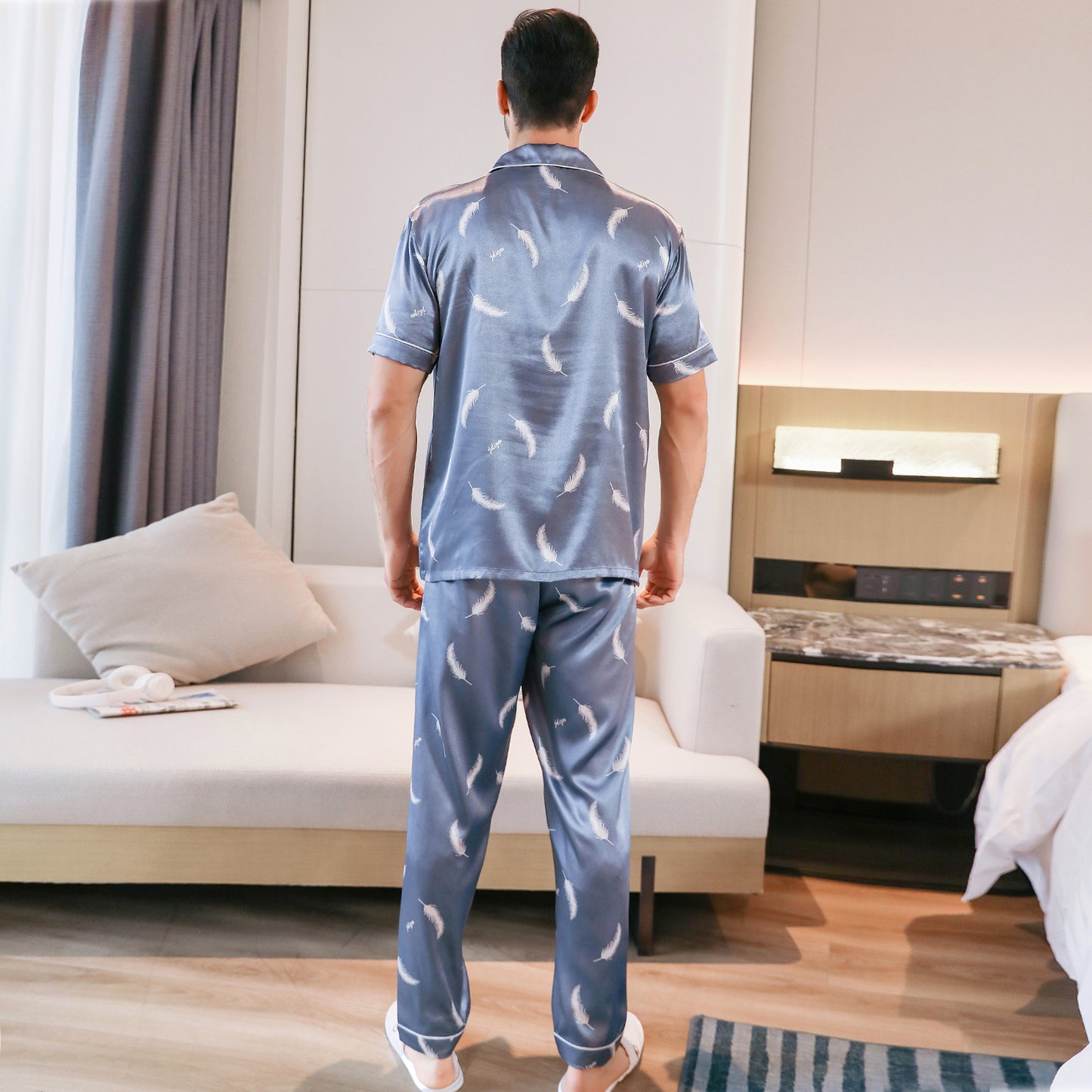 Mens Silky PJ SET Short Sleeve Top and Long pants Nightwear