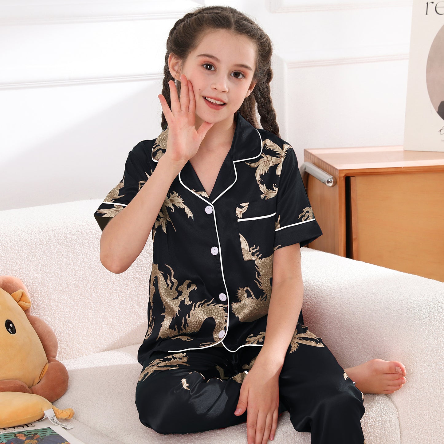 children's Satin Pajamas Set Short Sleeve & long pants Sleepwear with Pockets-KJ511T-130