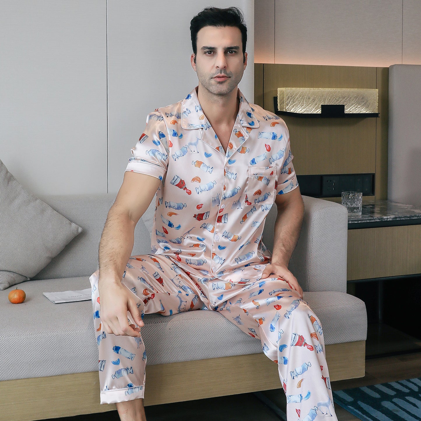 Men's Silky Satin Pajama Set Short Top Classic Sleepwear with Long Pants-KJ5013-M