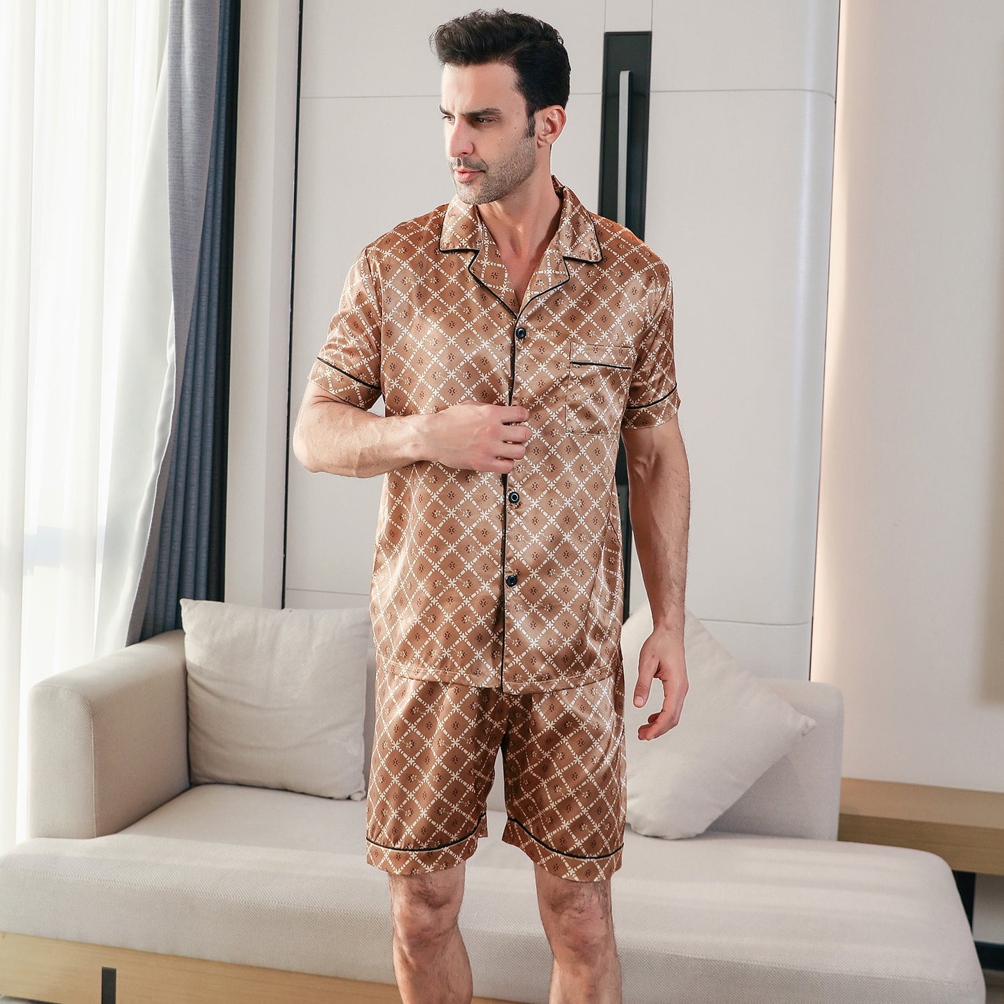 Men's  Silk Pajama Set Short Top & short Pants  Loungewear-KJ4046-M