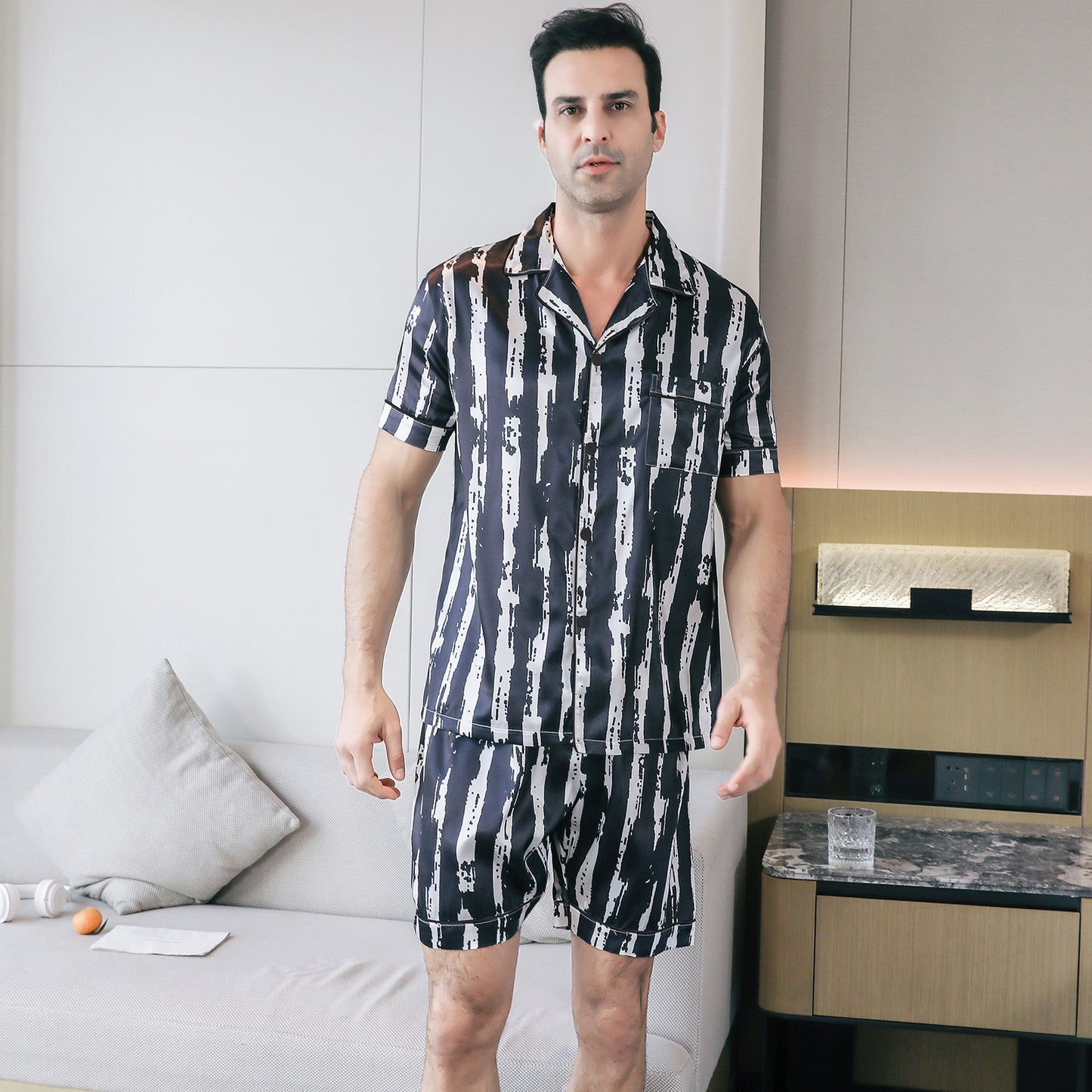 Mens Silky Pajamas Set Short Top & short pants Nightwear-KJ4009-M