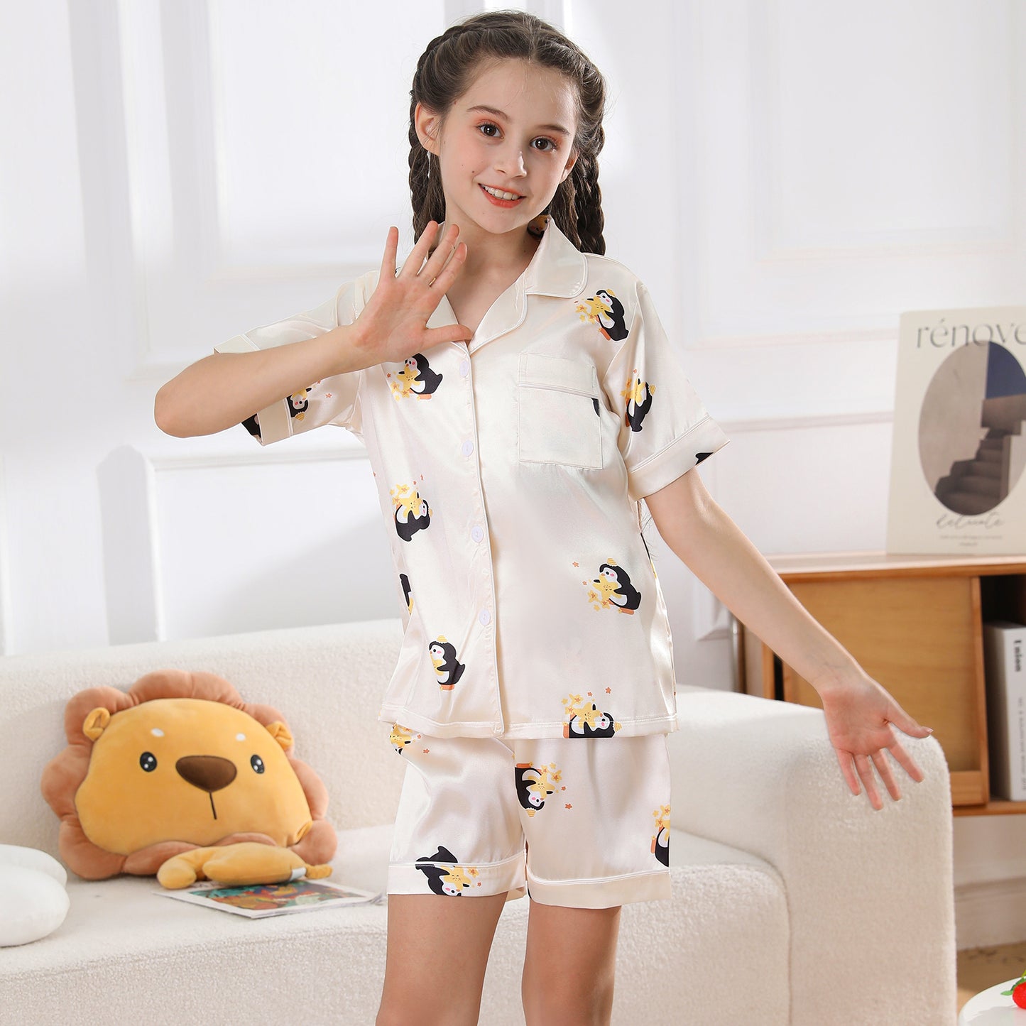 Girl's  Satin Pajama Set Short Top Classic Sleepwear with Short pants-KJ425T-130