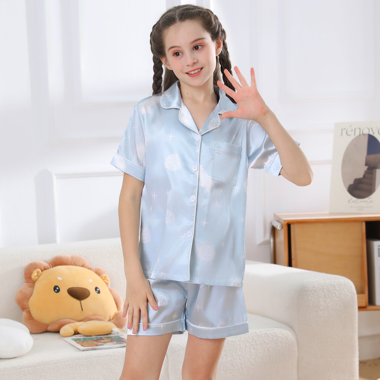 Girl's  Silk Pajama Set Short Top & Short pants  Loungewear-KJ428T-130