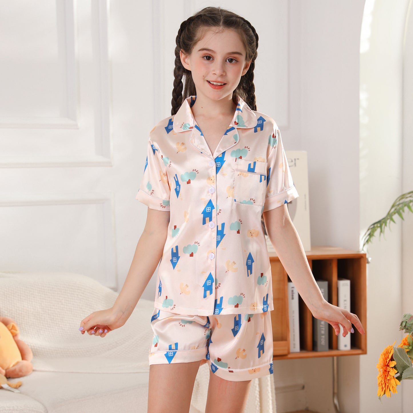 children's Satin Pajamas Set Short Sleeve & Short pants Sleepwear with Pockets-KJ441T-130