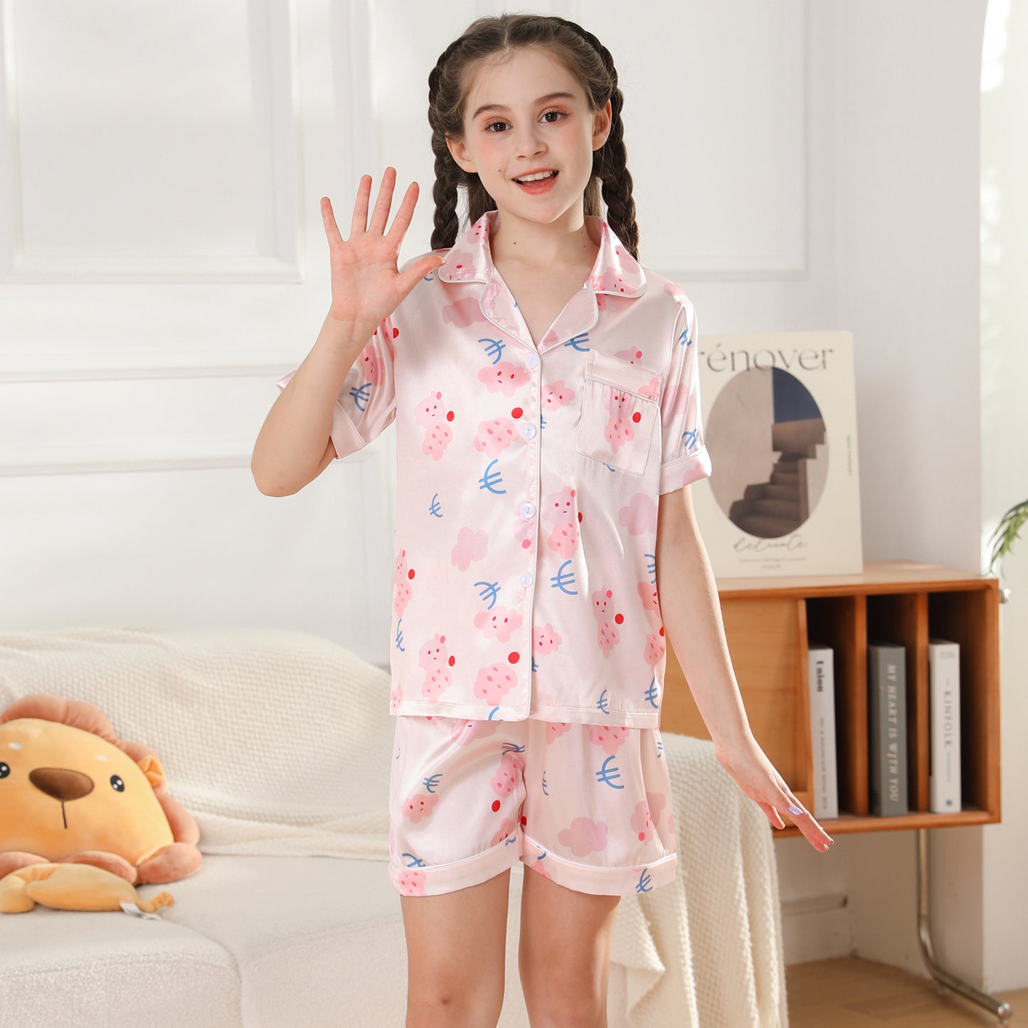 children's Satin Pajamas Set Short Sleeve & Short pants Sleepwear with Pockets-KJ442T-130