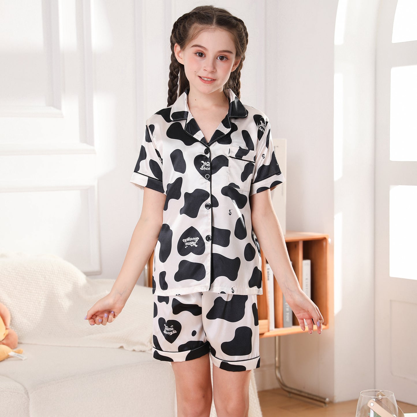 Girl's  Satin Pajama Set Short Top Classic Sleepwear with Short pants-KJ454T-130