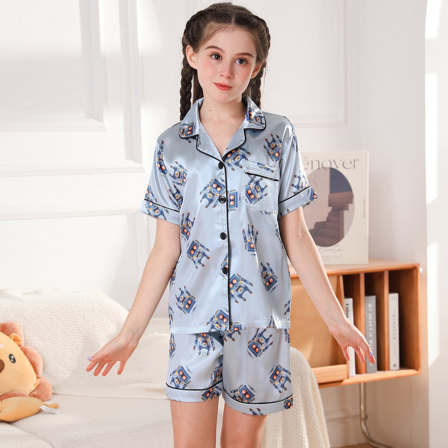 Girl's  Satin Pajama Set Short Top Classic Sleepwear with Short pants-KJ455T-130