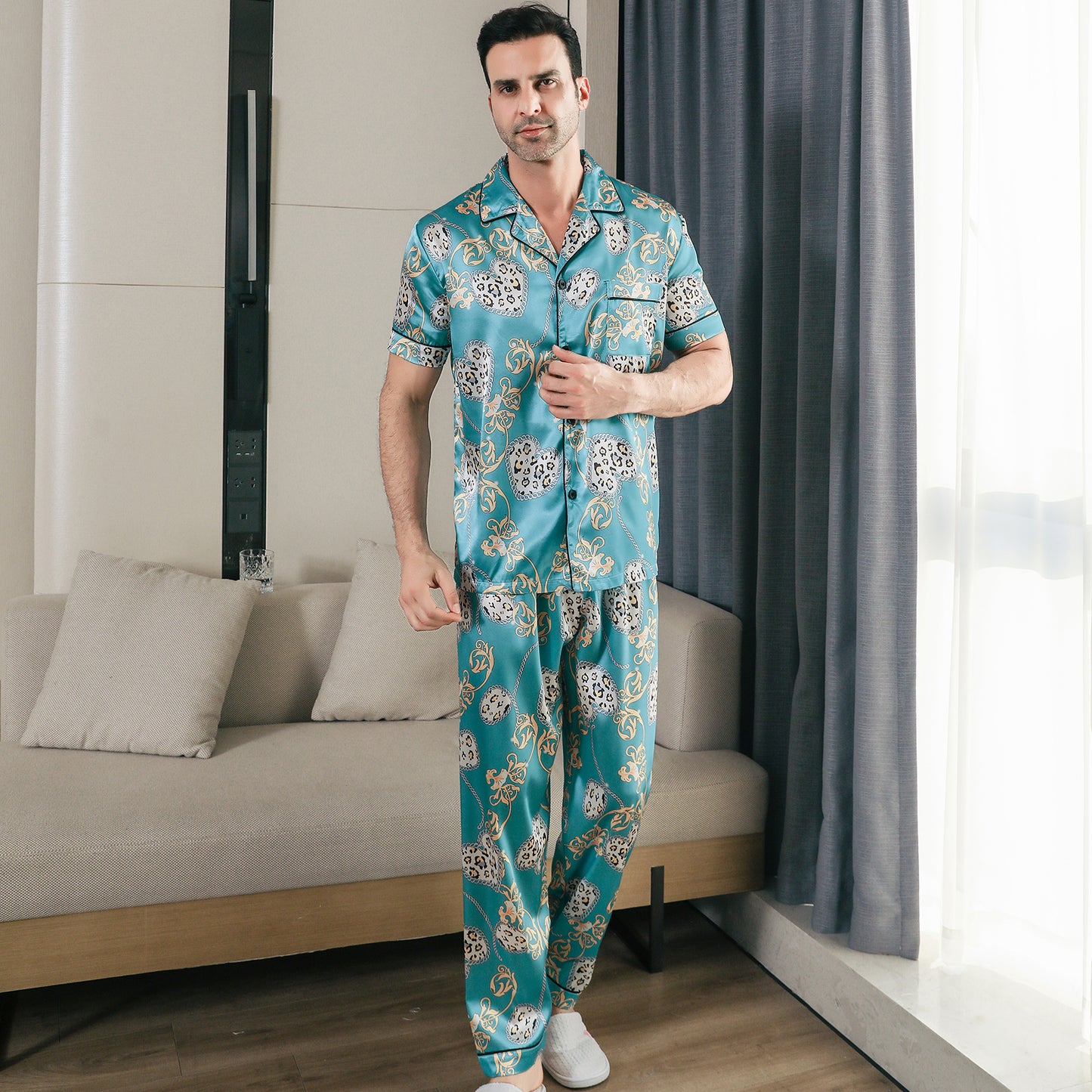 Men Satin Pajamas Set Short Sleeve & Long Pants Sleepwear with Pockets-KJ5044-M