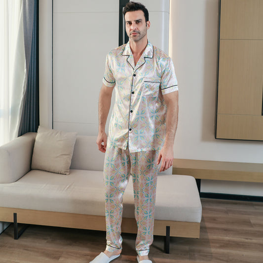 Men's Classic Silk Pajama Set Short Top & Long Pants Button Loungewear-KJ5050-M