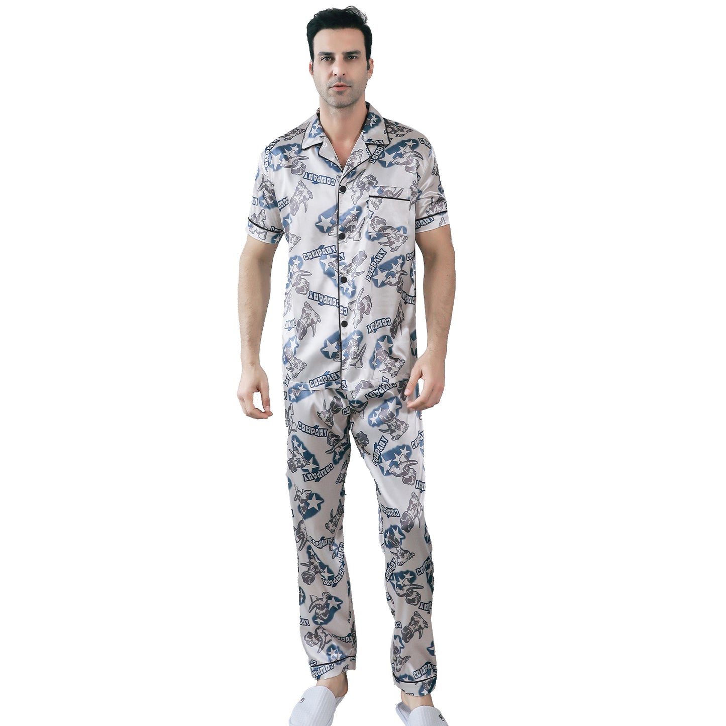 Men's Silky Satin Pajama Set Short Top Classic Sleepwear with Long Pants-KJ5020-M