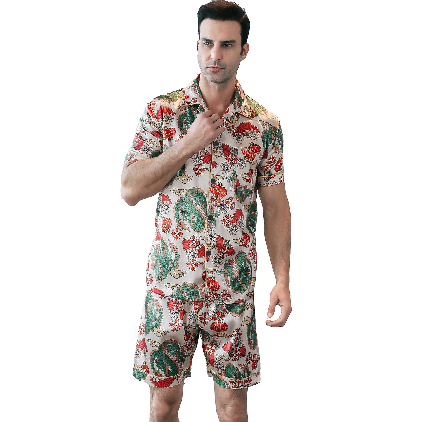 Mens Silky Pajamas Set Short Top & short pants Nightwear-KJ4010-M