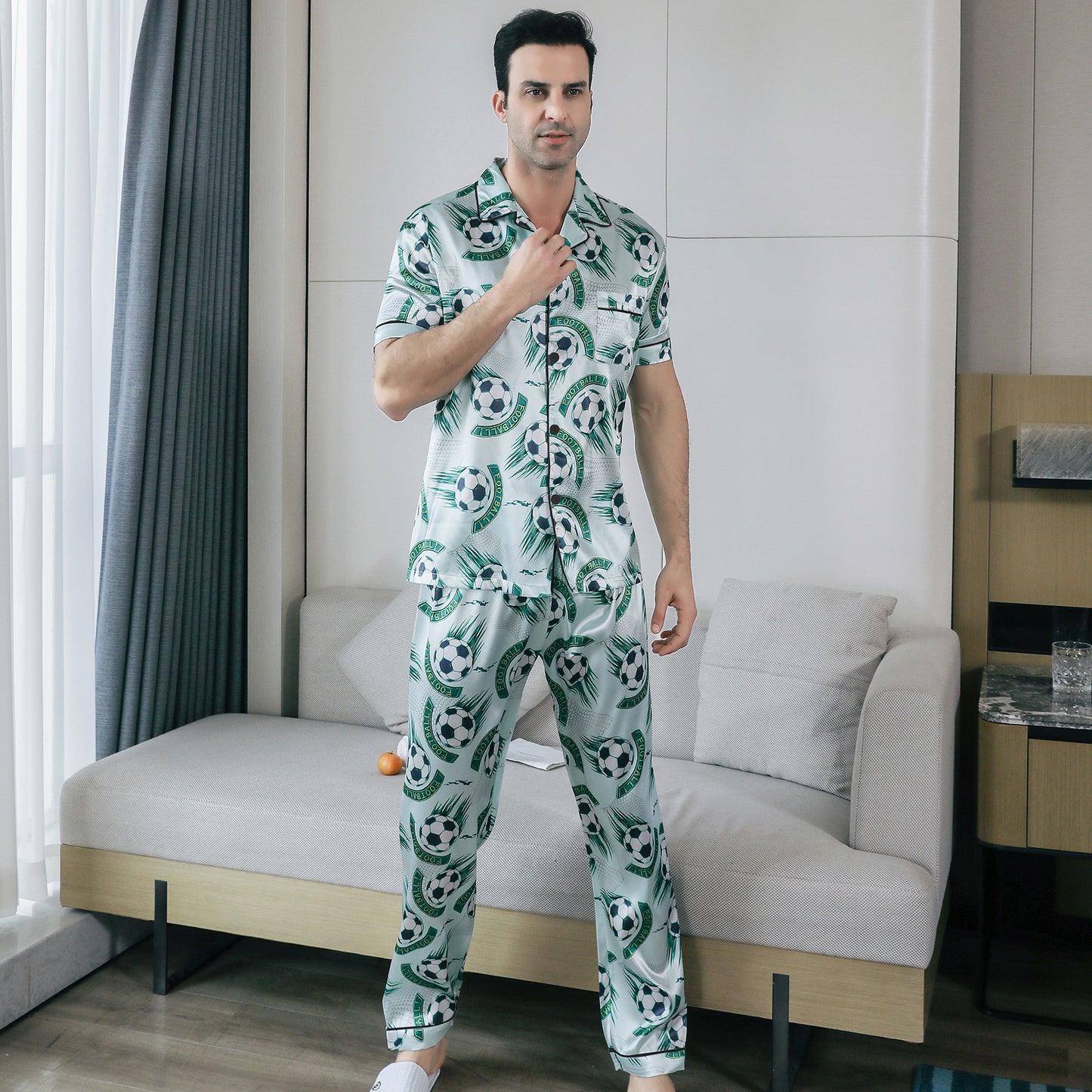 Mens Pajama Set Short Sleeve Sleepwear Silky Loungewear with Long Pants-KJ5021-M