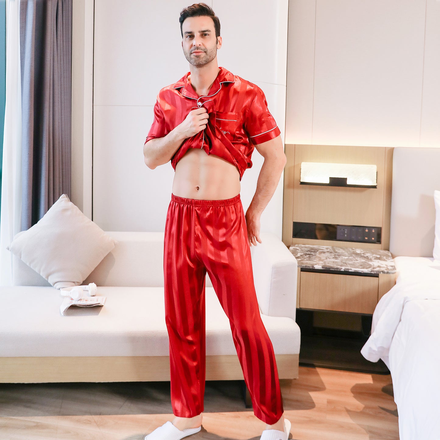 Mens Silky Pajamas Set Short Sleeve Top and Long pants Nightwear-KJ5005-M