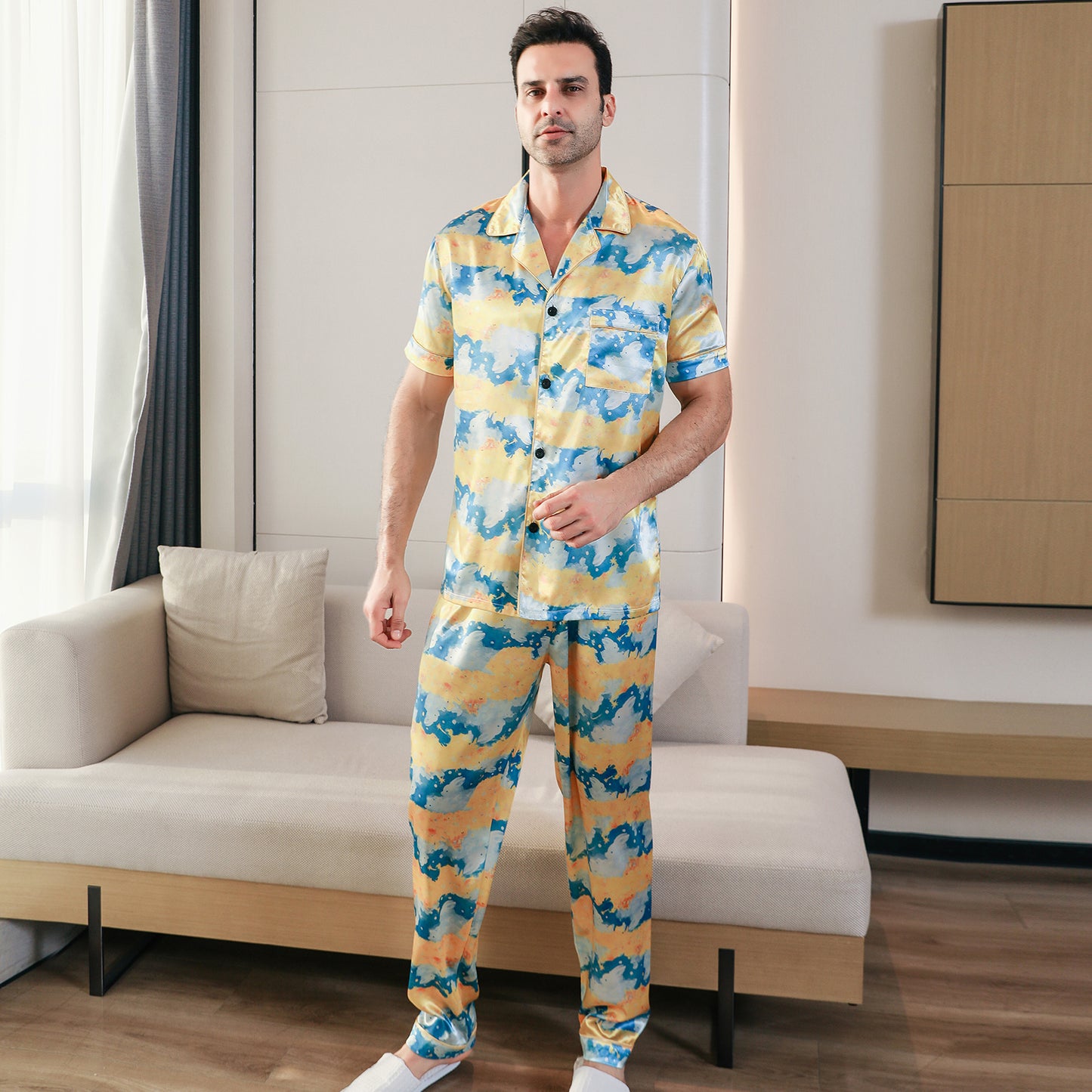 Men's Classic Silk Pajama Set Short Top & Long Pants Button Loungewear-KJ5047-M