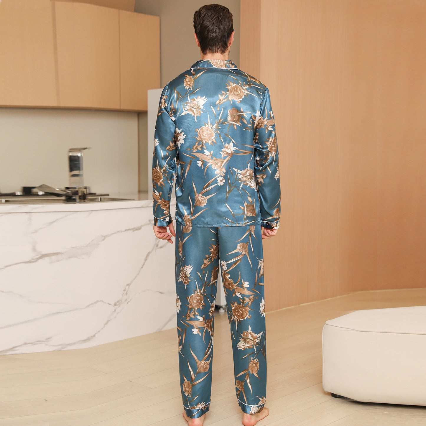 Men Satin Pajamas Set Long Sleeve & Long Pants Sleepwear with Pockets-KJ2034-M