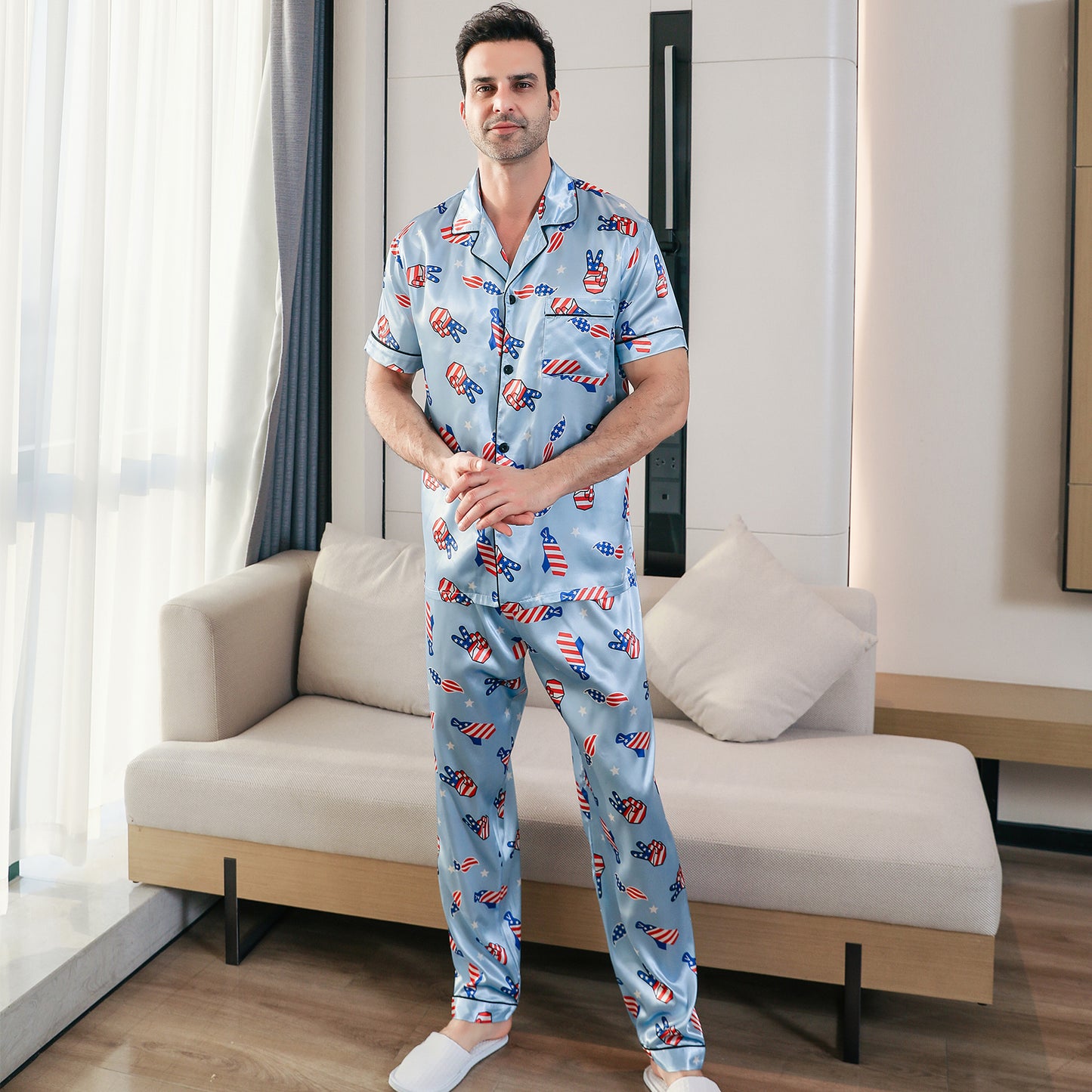 Men's Classic Silk Pajama Set Short Top & Long Pants Button Loungewear-KJ5049-M