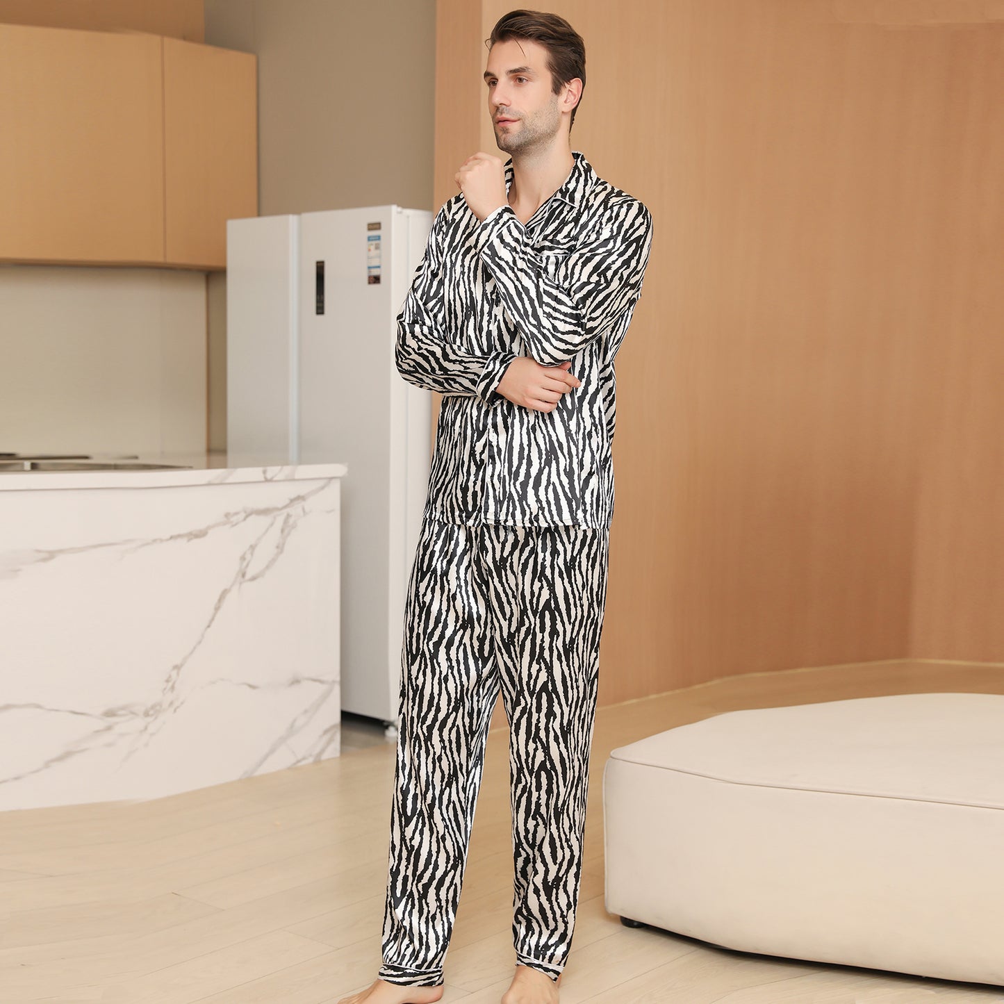 Men Satin Pajamas Set Long Sleeve & Long Pants Sleepwear with Pockets-KJ2033-M