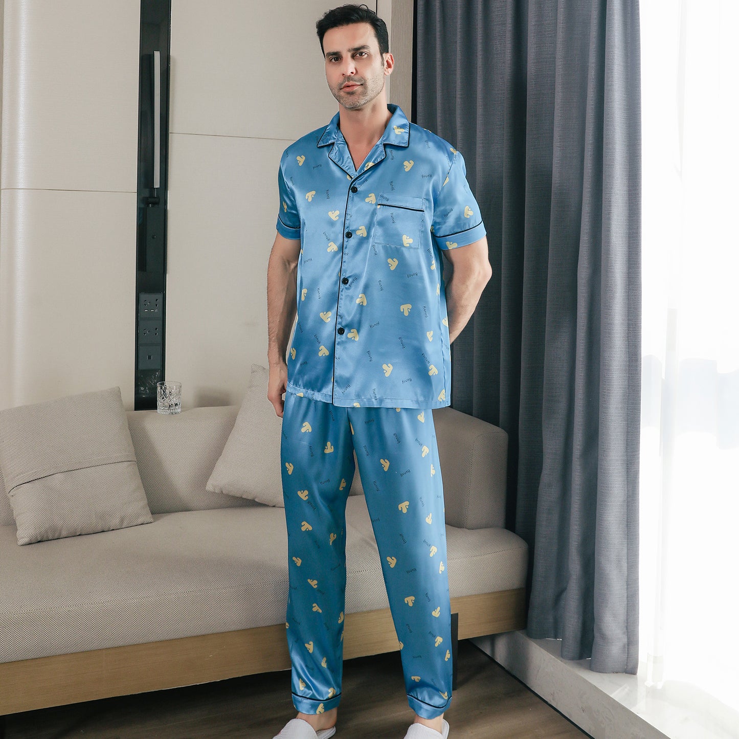 Men Satin Pajamas Set 3 Pieces multicolor Sleepwear with Pockets-KJ6033-M