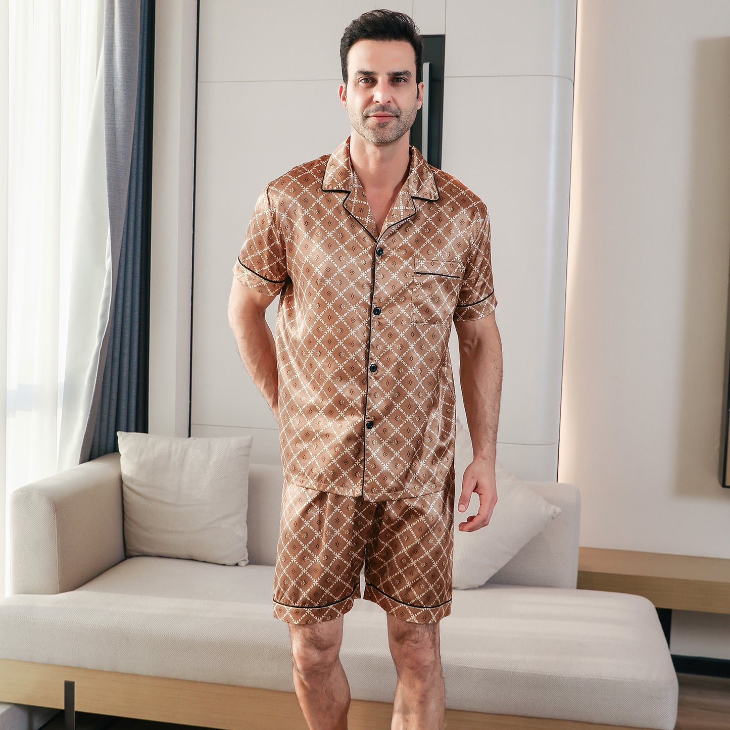 Men's  Silk Pajama Set Short Top & short Pants  Loungewear-KJ4046-M