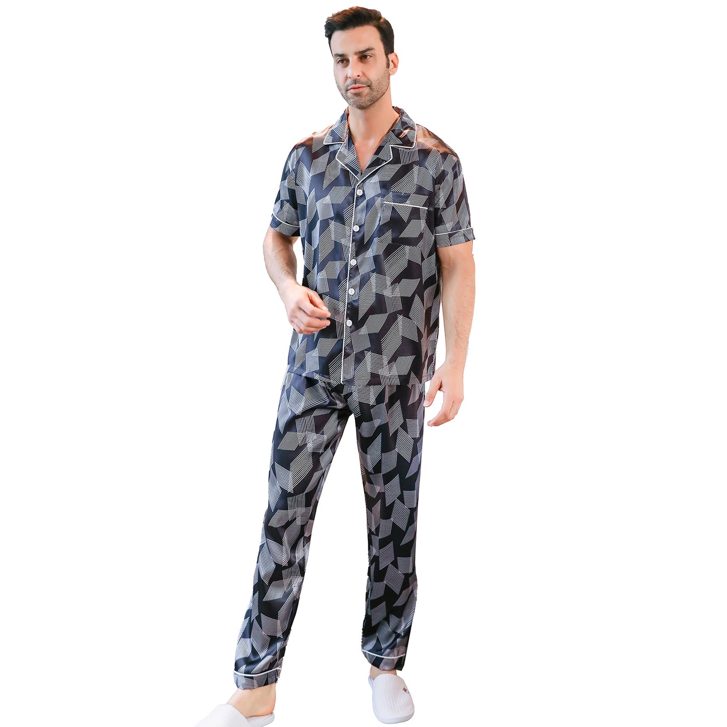 Mens Silky Pajamas Set 3 Pieces Nightwear-KJ6002-M