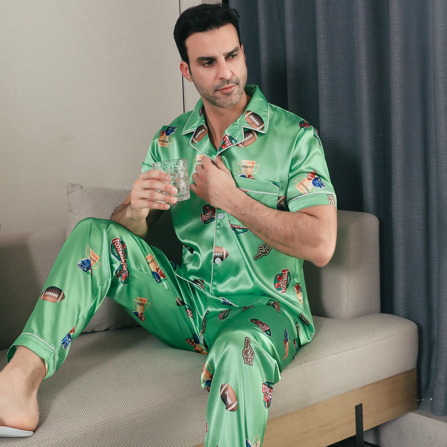 Men Satin Pajamas Set Short Sleeve & Long Pants Sleepwear with Pockets-KJ5042-M