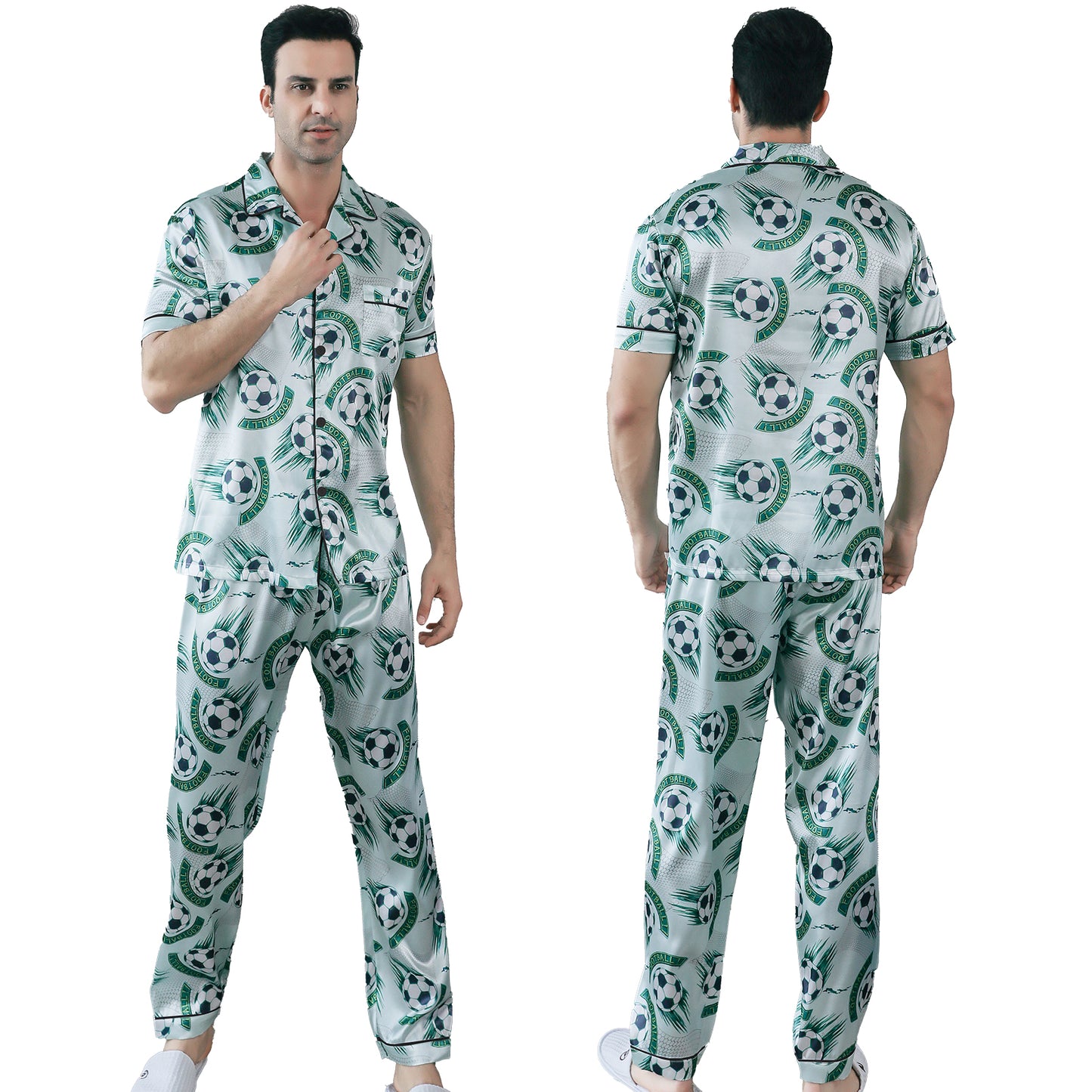 Mens Pajama Set Short Sleeve Sleepwear Silky Loungewear with Long Pants-KJ5021-M