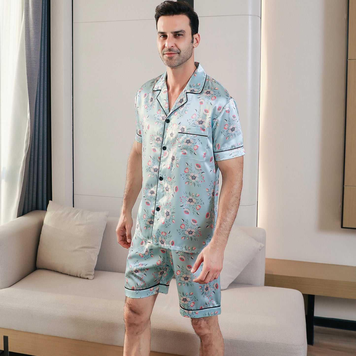 Men's  Silk Pajama Set Short Top & short Pants  Loungewear-KJ4049-M