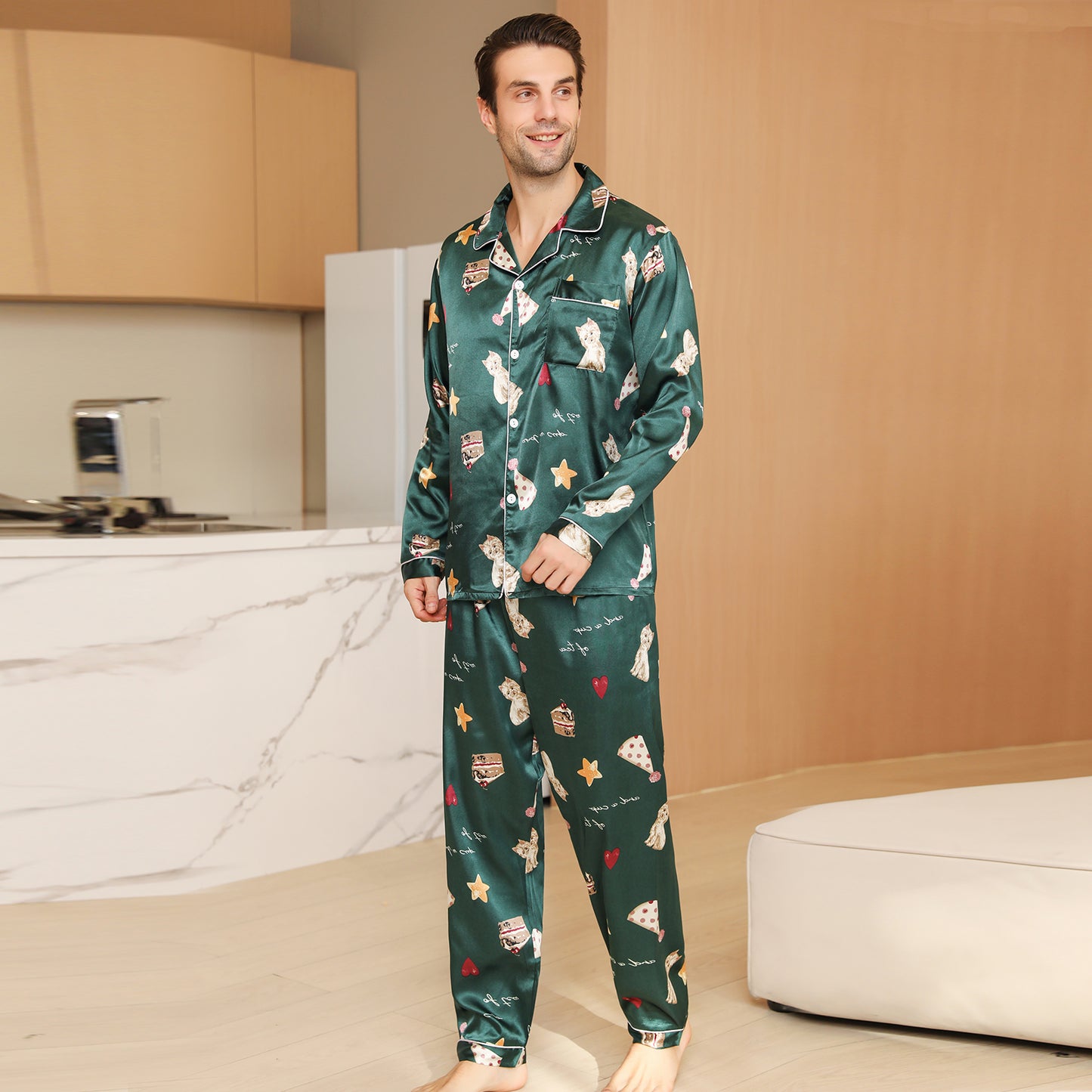 Men Satin Pajamas Set Long Sleeve & Long Pants Sleepwear with Pockets-KJ2036-M