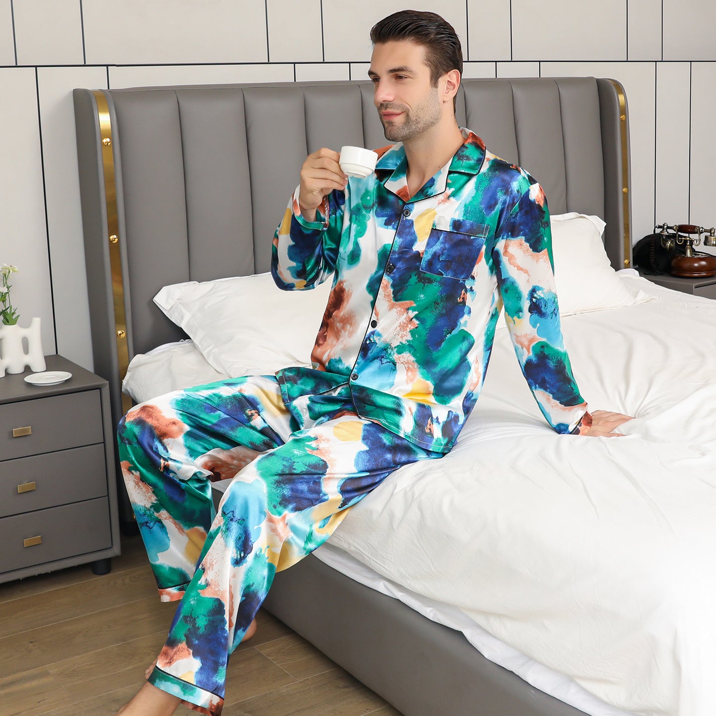 Mens Pajama Set Long Sleeve Sleepwear Silky Loungewear with Long Pants-KJ2026-M