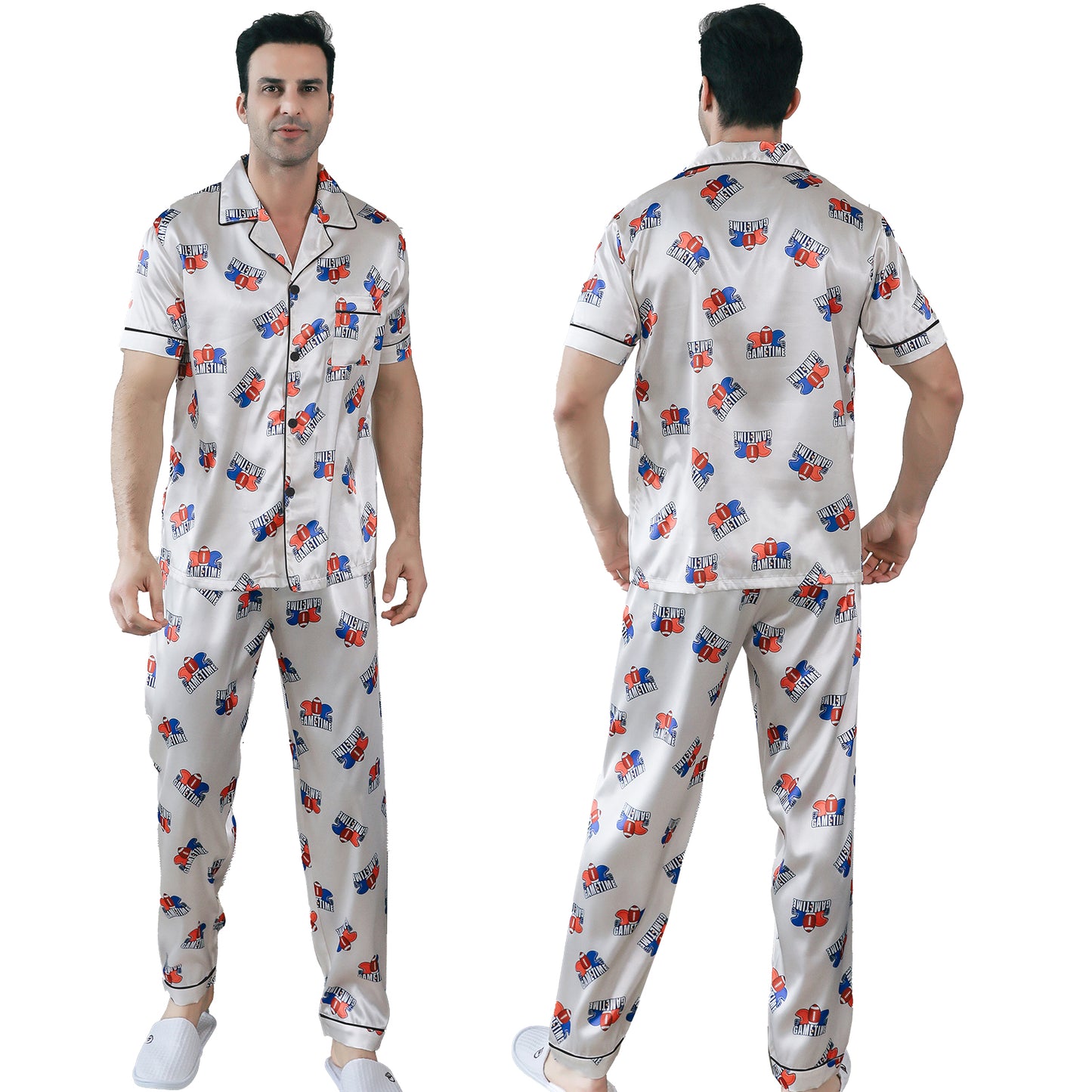 Men's Silky Satin Pajama Set Short Top Classic Sleepwear with Long Pants-KJ5019-M