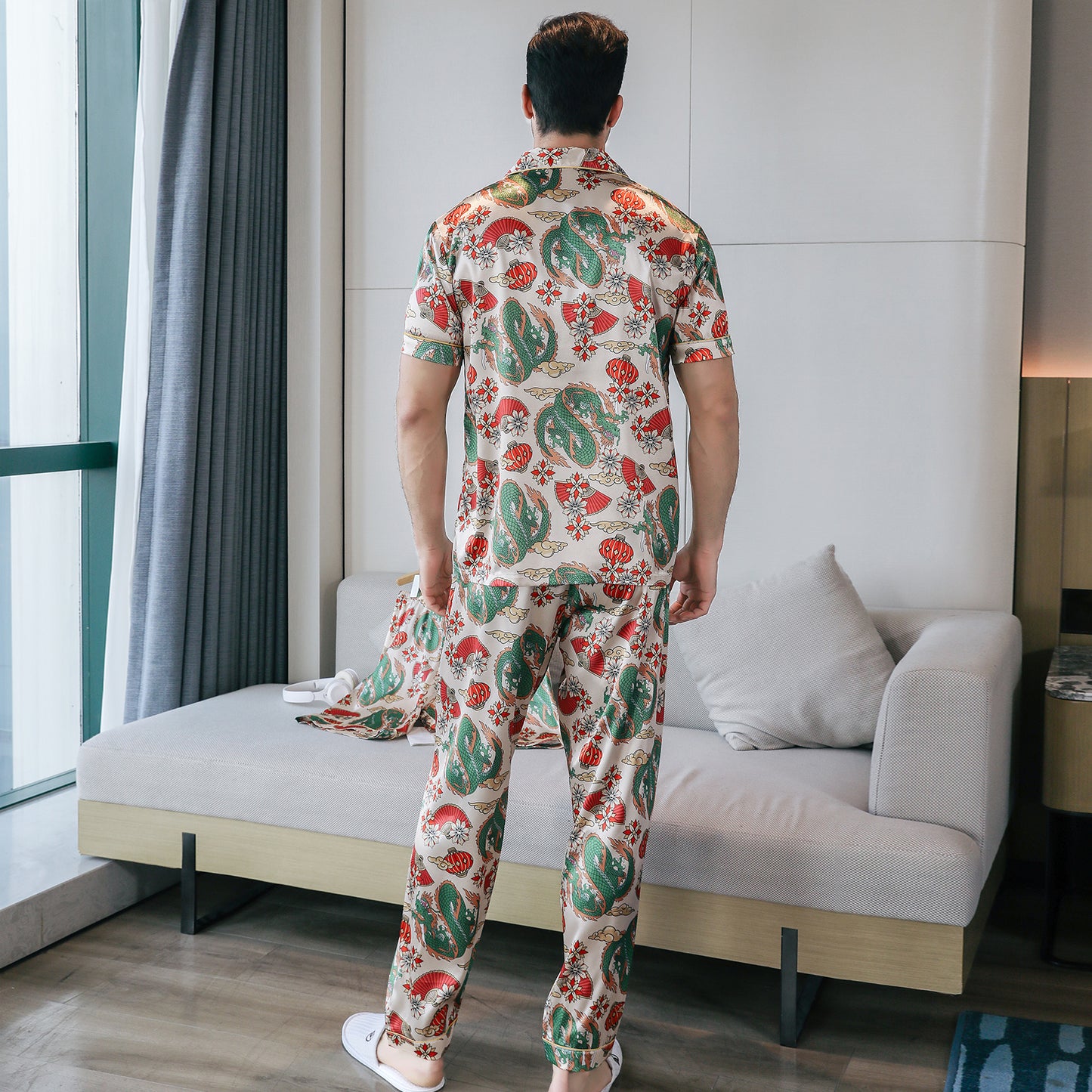 Mens Silky Pajamas Set Short Sleeve Top and Long pants Nightwear-KJ5010-M