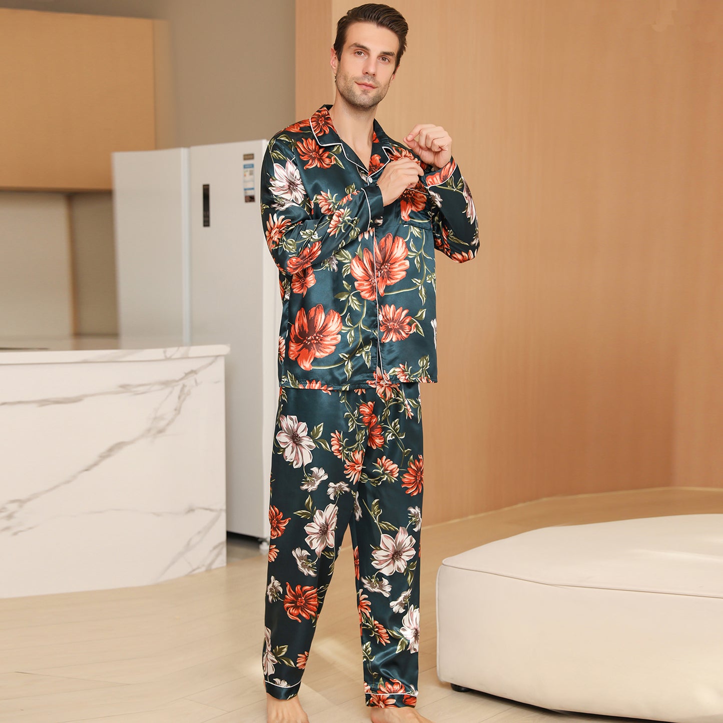 Men Satin Pajamas Set Long Sleeve & Long Pants Sleepwear with Pockets-KJ2032-M