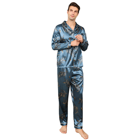 Men's Silky Satin Pajama Set Long Top Classic Sleepwear with Long Pants-KJ2014-M