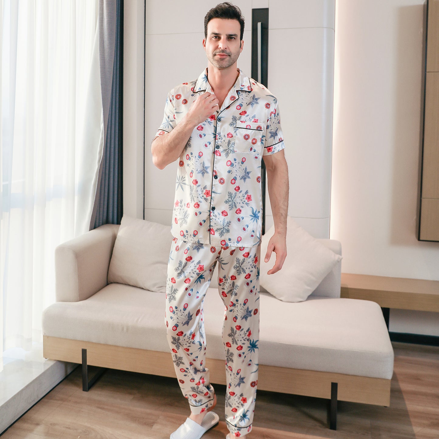 Men's Classic Silk Pajama Set Short Top & Long Pants Button Loungewear-KJ5051-M