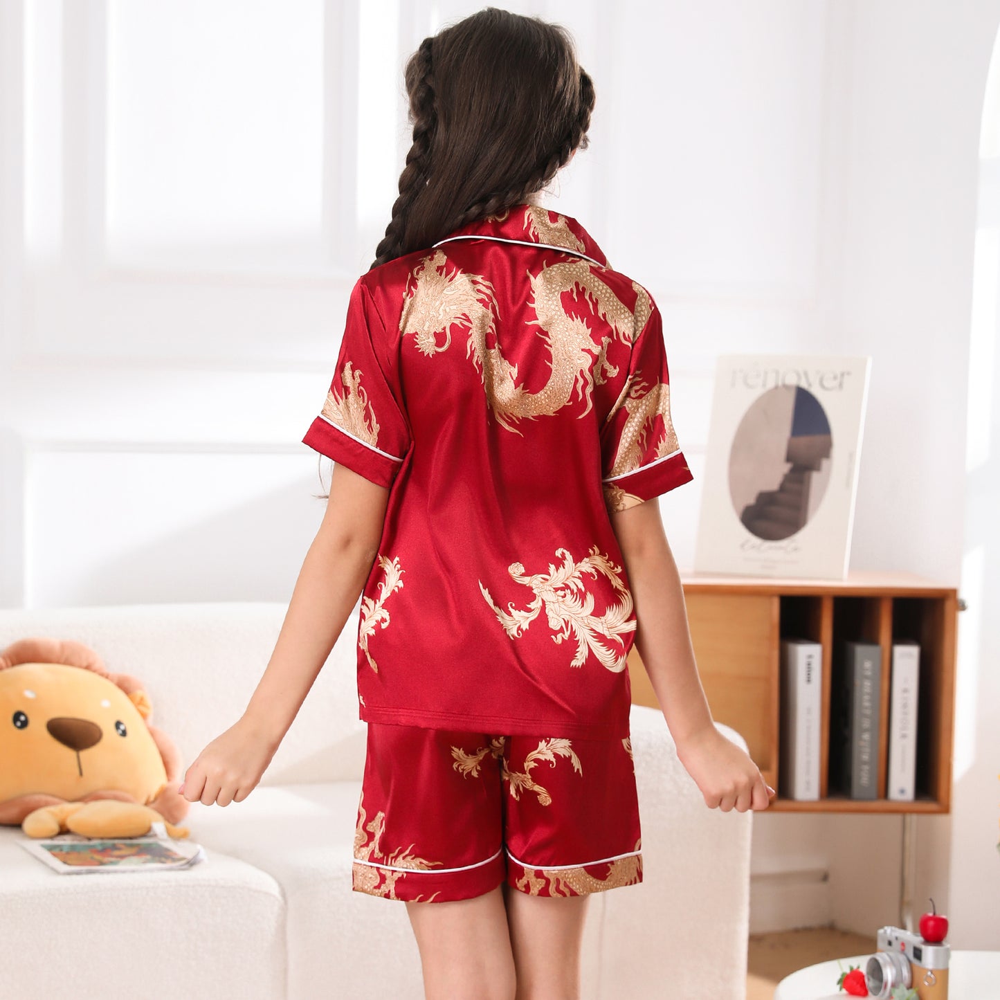 Girl's  Satin Pajama Set Short Top Classic Sleepwear with Short pants-KJ410T-130