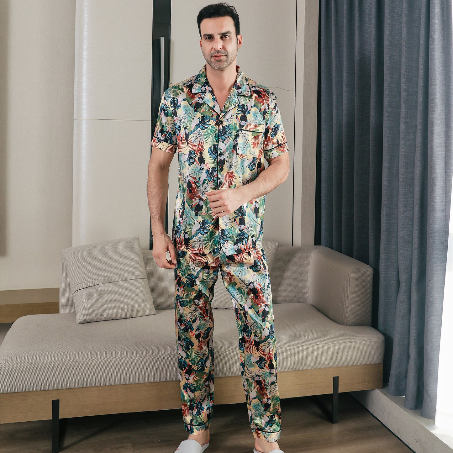 Men Satin Pajamas Set Short Sleeve & Long Pants Sleepwear with Pockets-KJ5040-M