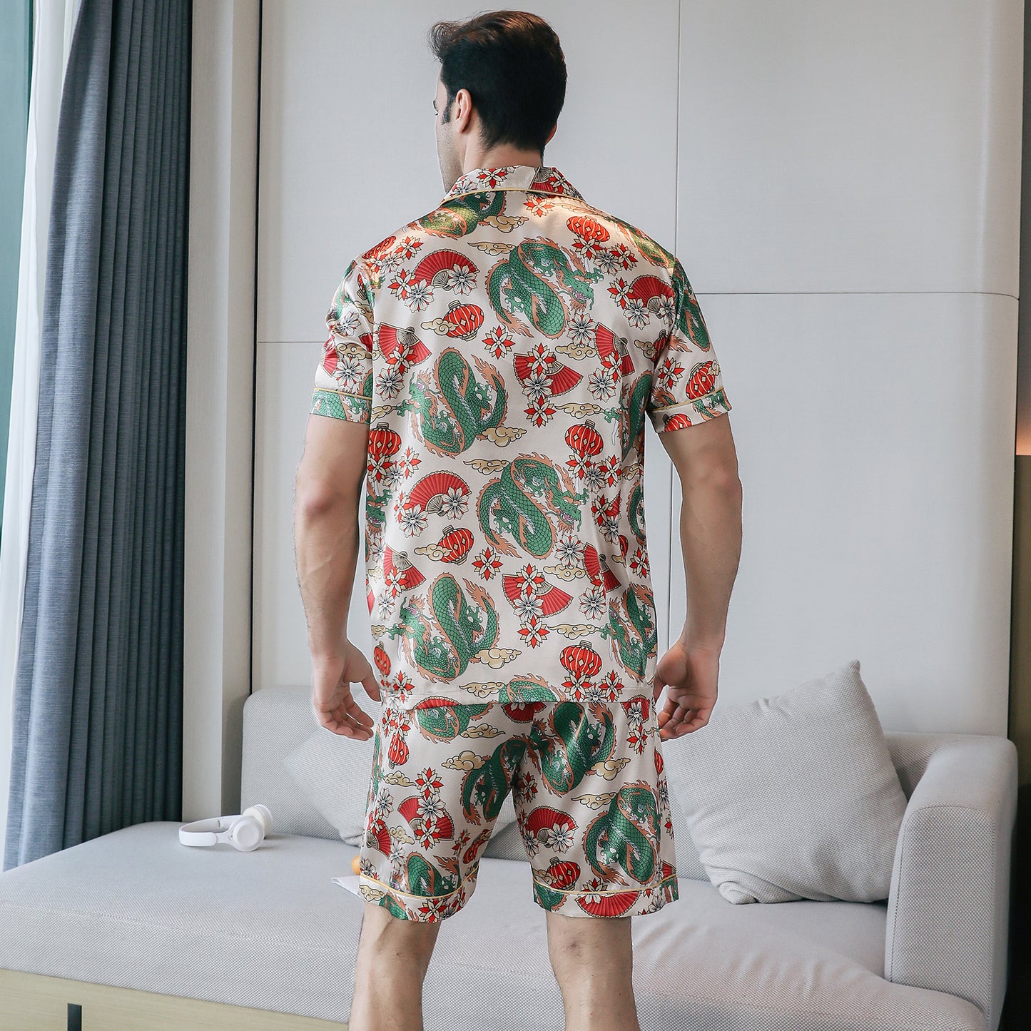 Mens Silky Pajamas Set Short Top & short pants Nightwear-KJ4010-M