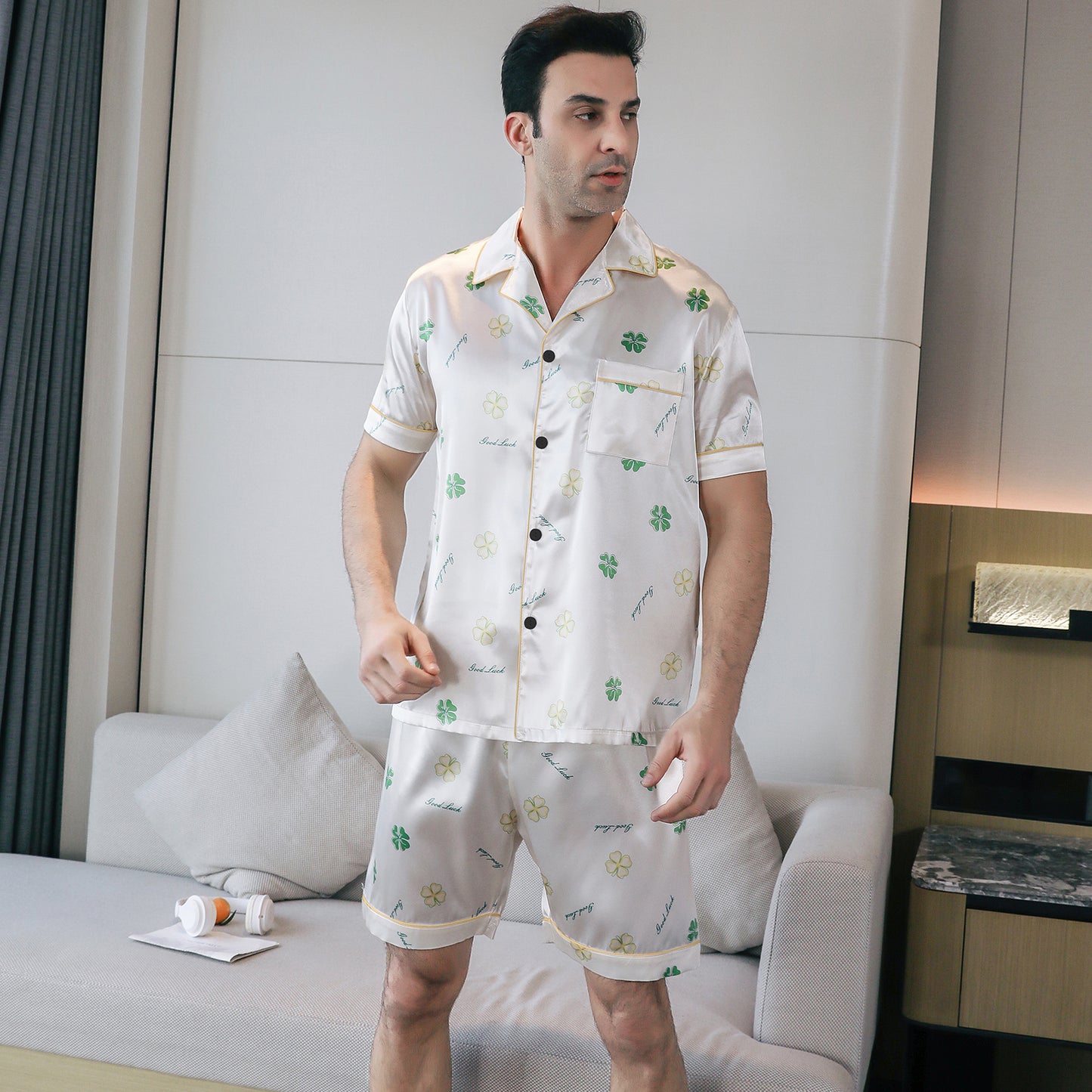 Mens Silky Pajamas Set Short Top & short pants Nightwear-KJ4006-M