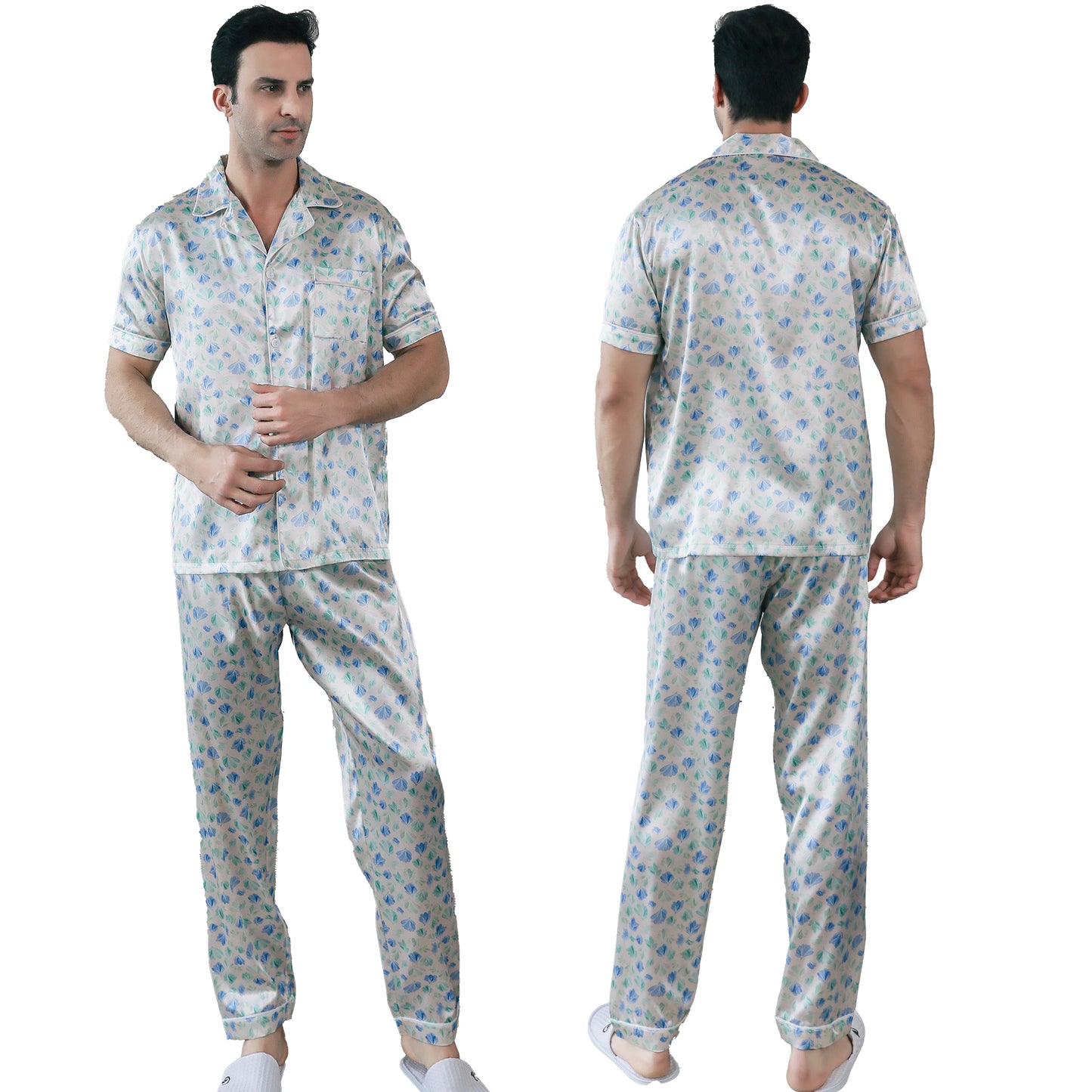 Men's Silky Satin Pajama Set Short Top Classic Sleepwear with Long Pants-KJ5017-M