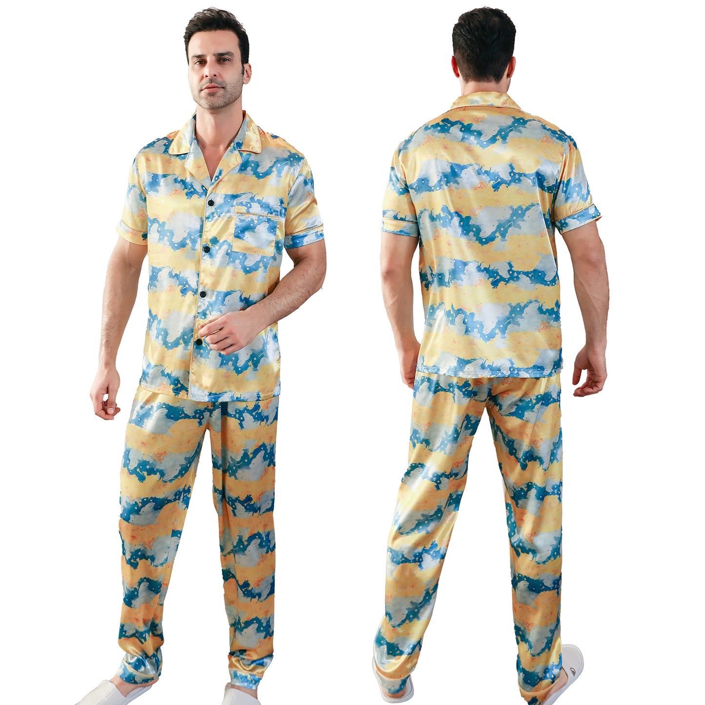 Men's Classic Silk Pajama Set Short Top & Long Pants Button Loungewear-KJ5047-M