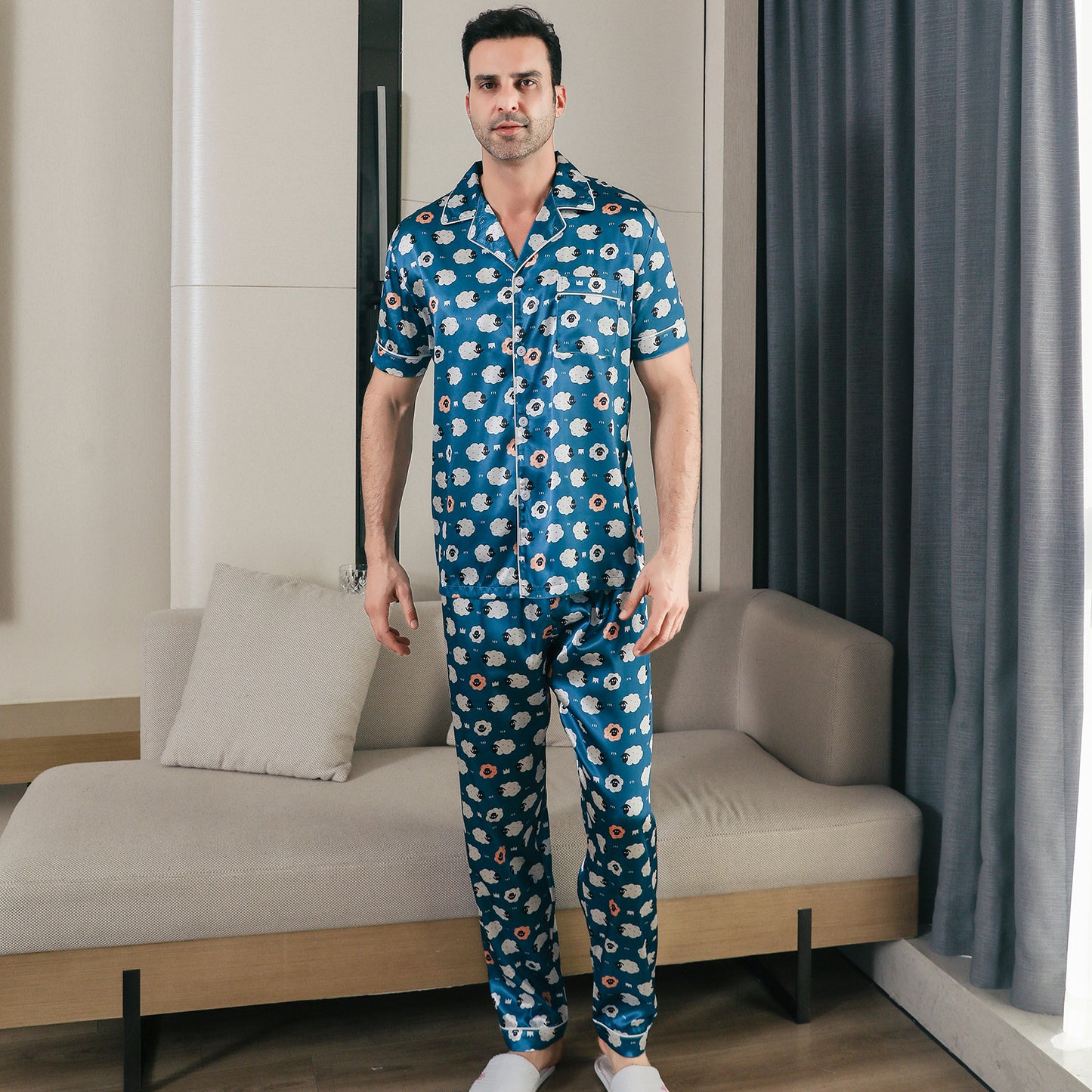 Men Satin Pajamas Set Short Sleeve & Long Pants Sleepwear with Pockets-KJ5043-M