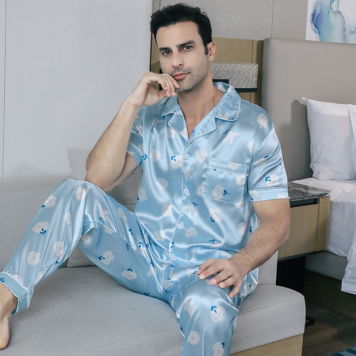 Mens Pajama Set Short Sleeve Sleepwear Silky Loungewear with Long Pants-KJ5023-M