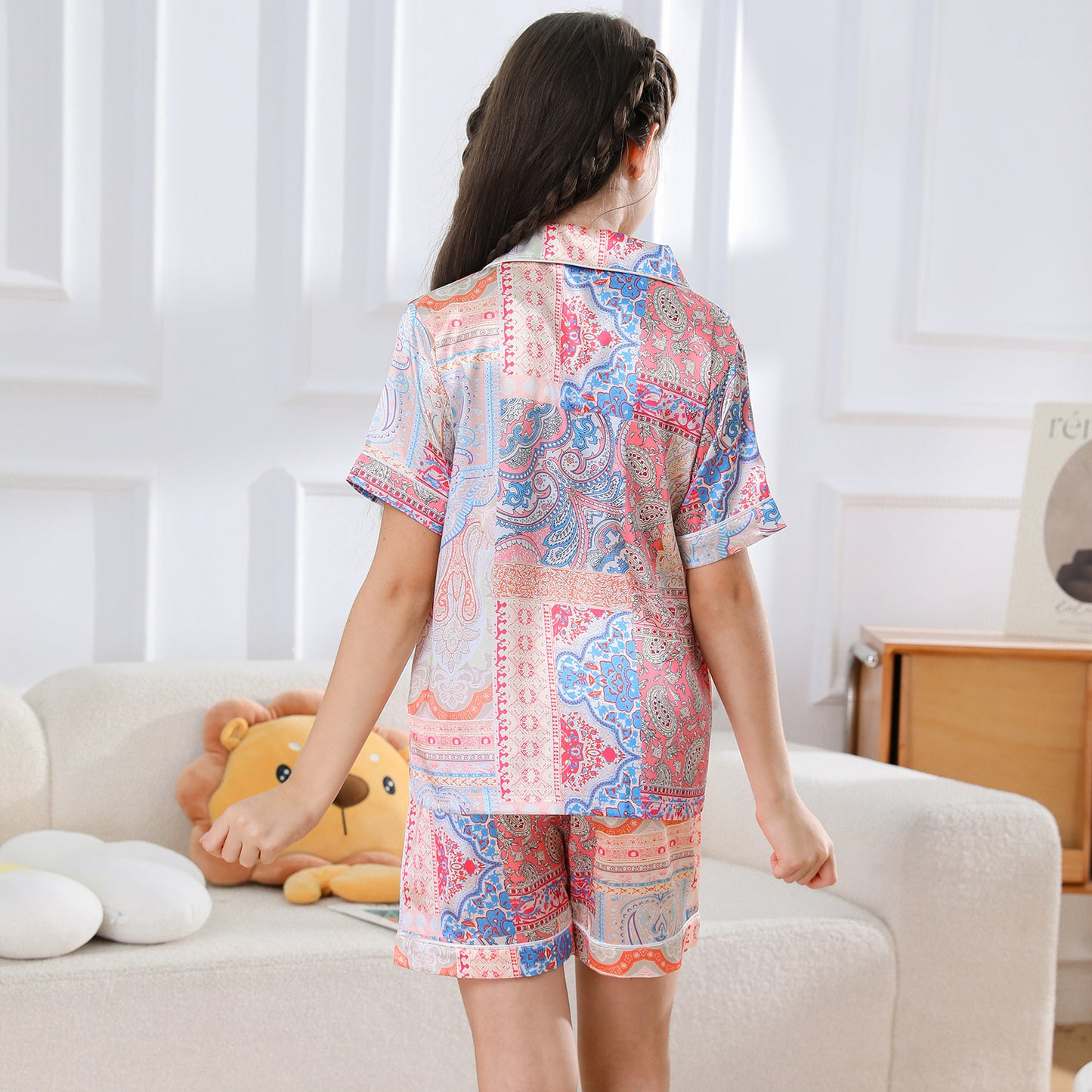 children's Satin Pajamas Set Short Sleeve & Short pants Sleepwear with Pockets-KJ427T-130