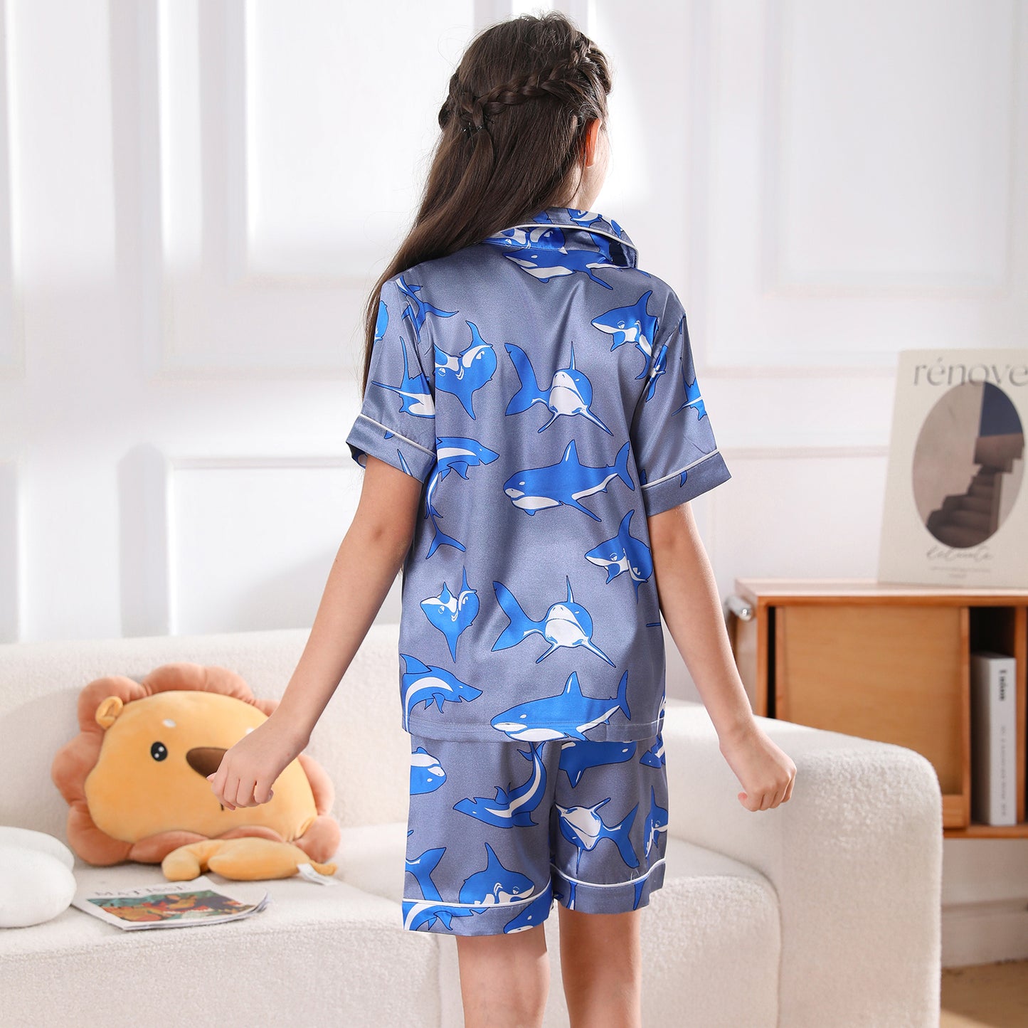 Girl's  Satin Pajama Set Short Top Classic Sleepwear with Short pants-KJ422T-130